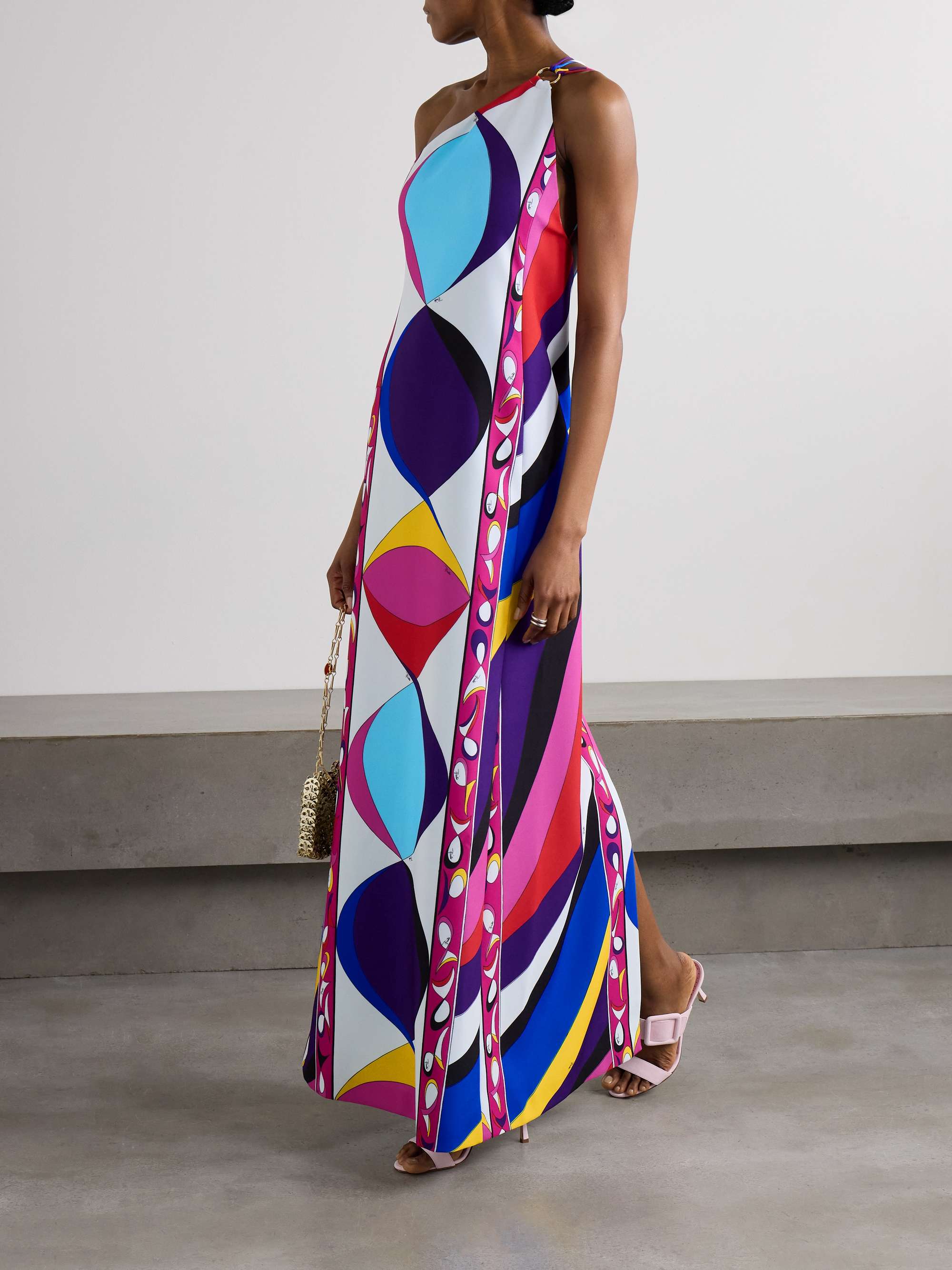 Pesci embellished one-shoulder printed cady maxi dress view