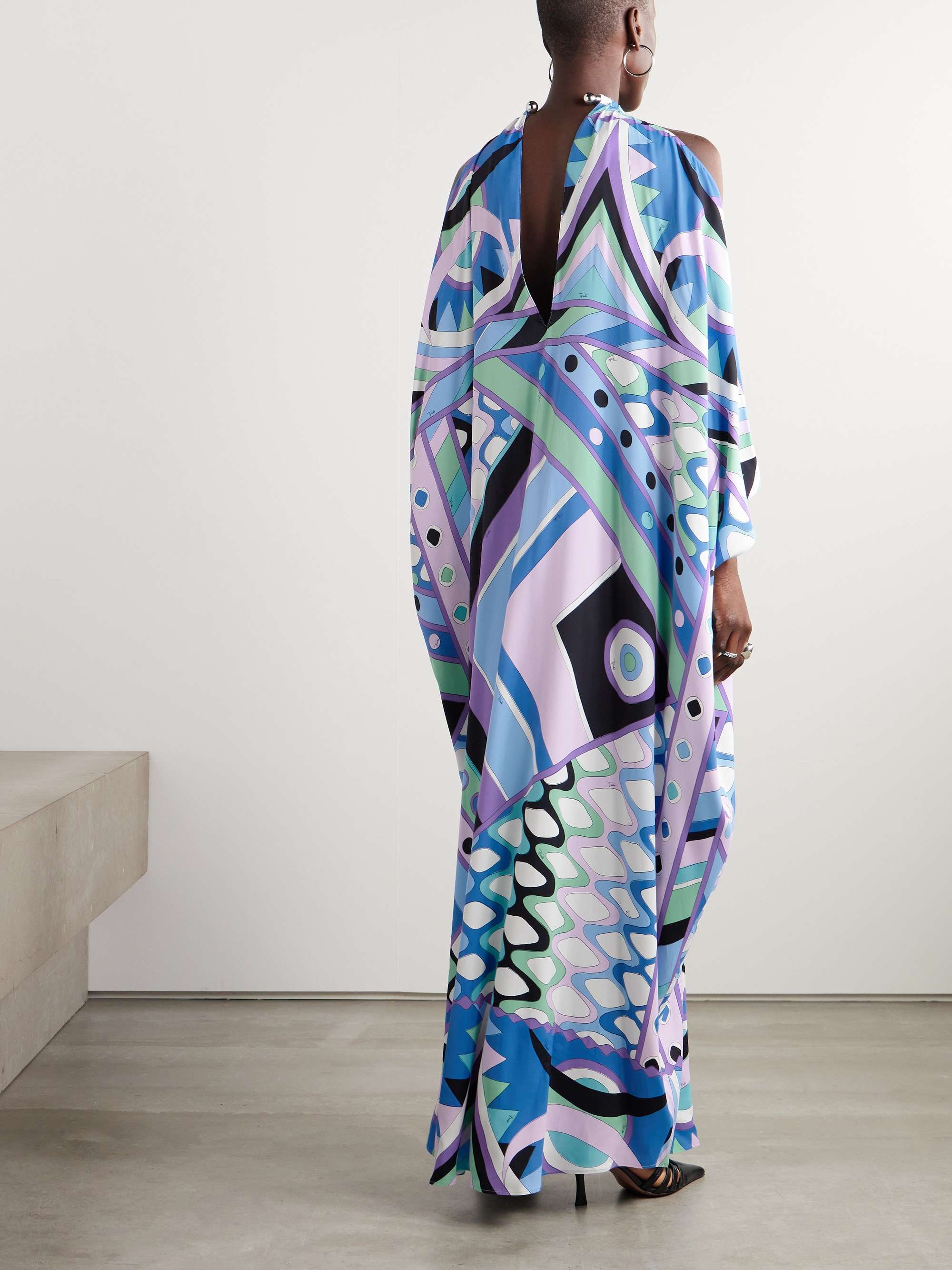 Cold-shoulder embellished printed satin maxi dress view
