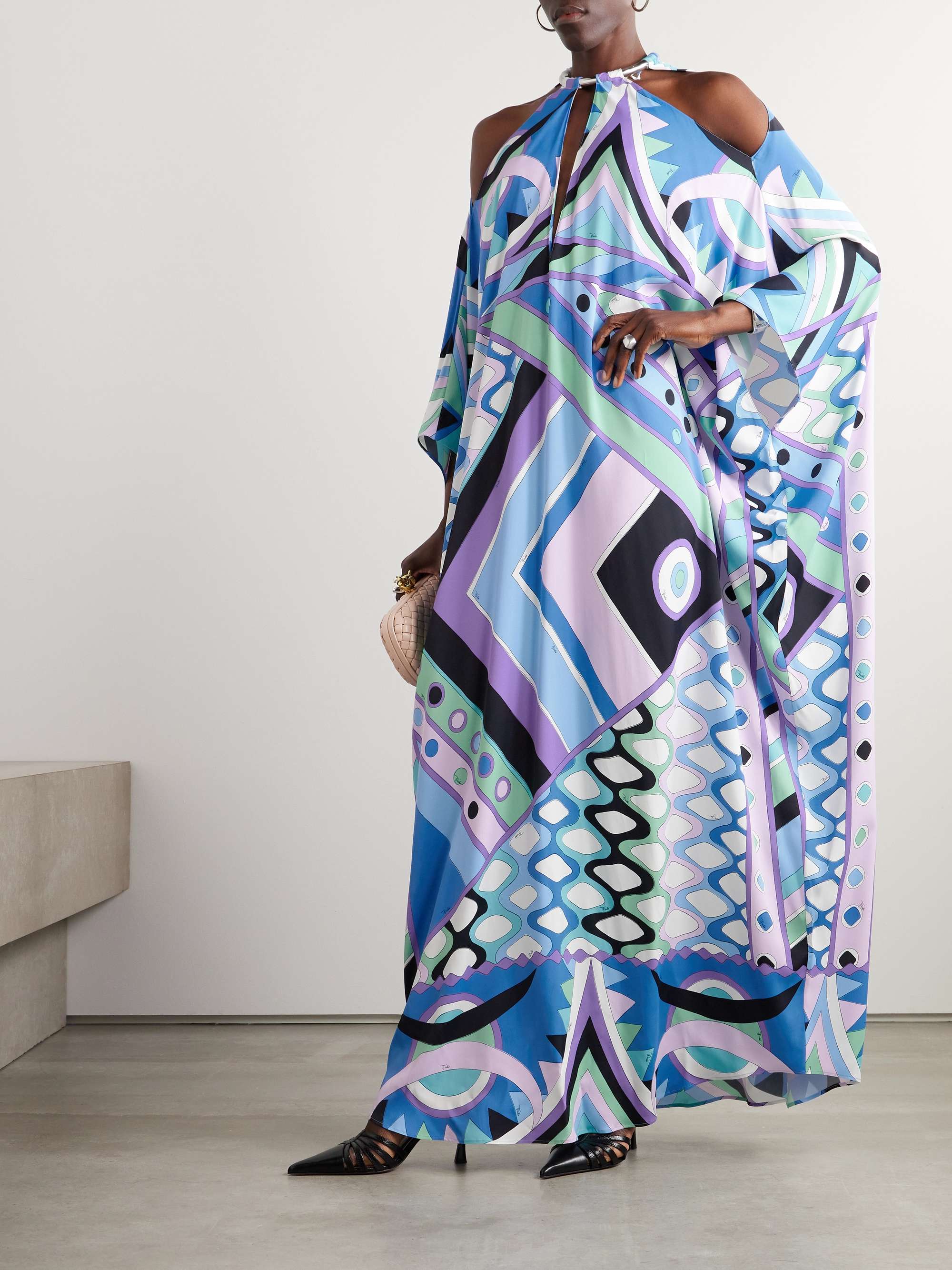 Cold-shoulder embellished printed satin maxi dress view