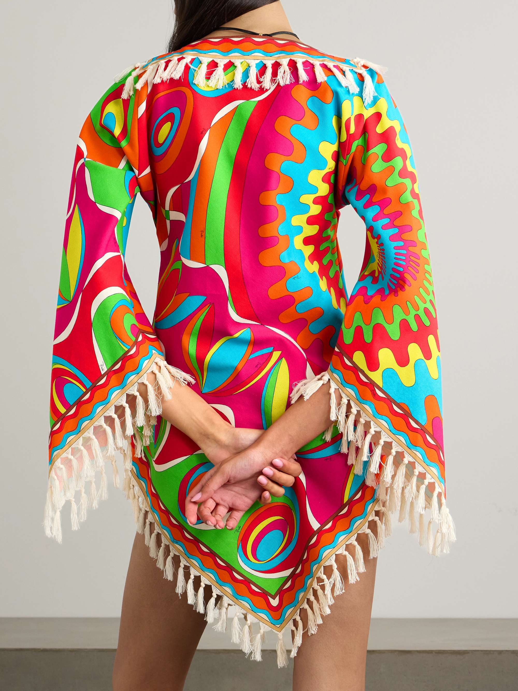 Asymmetric fringed printed cotton-twill kaftan view