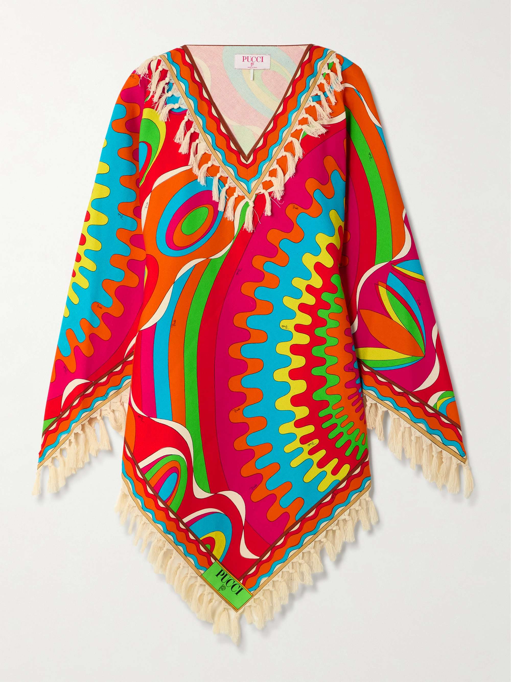 Asymmetric fringed printed cotton-twill kaftan view