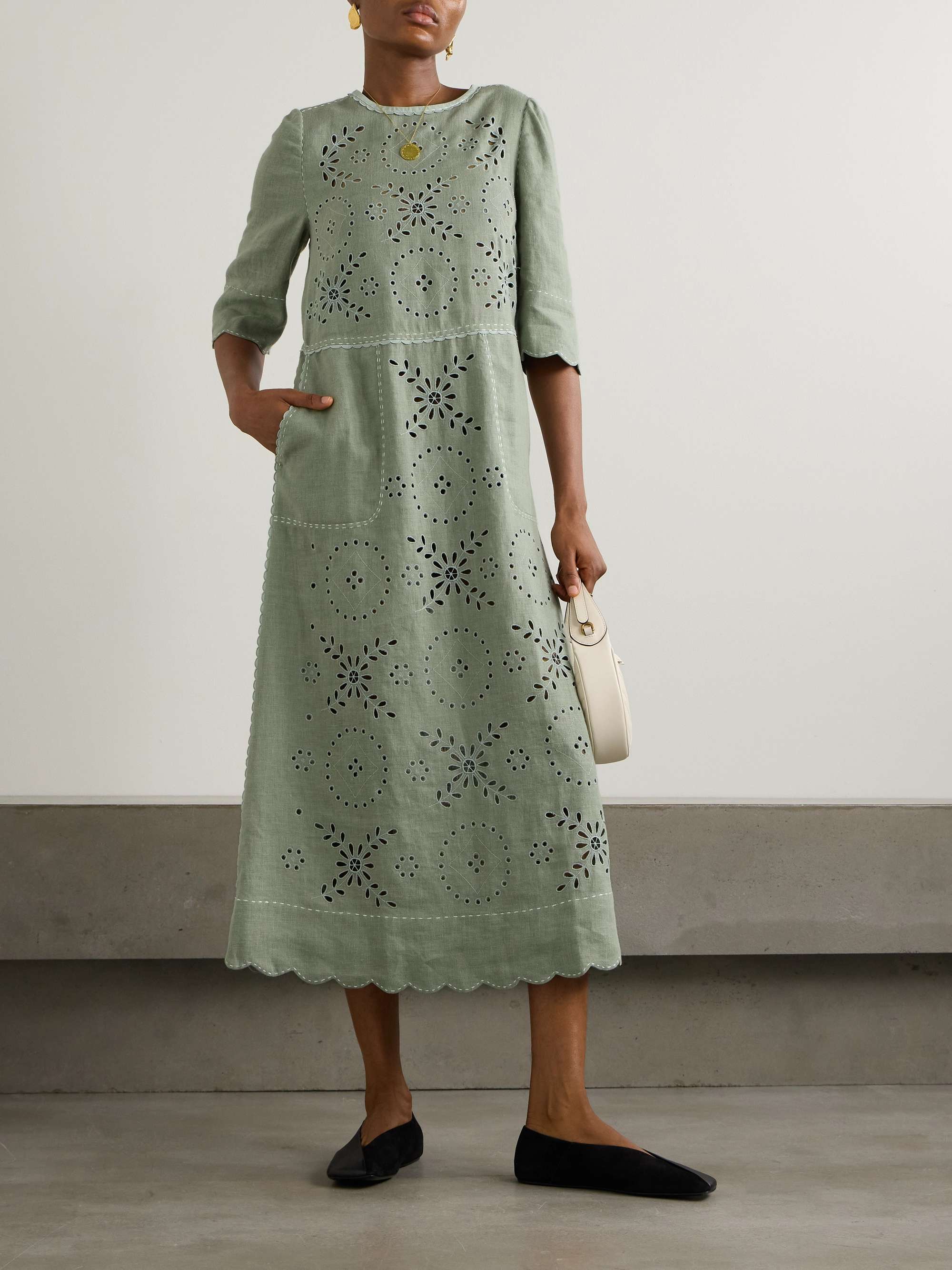 Sabrina scalloped broderie anglaise linen midi dress view