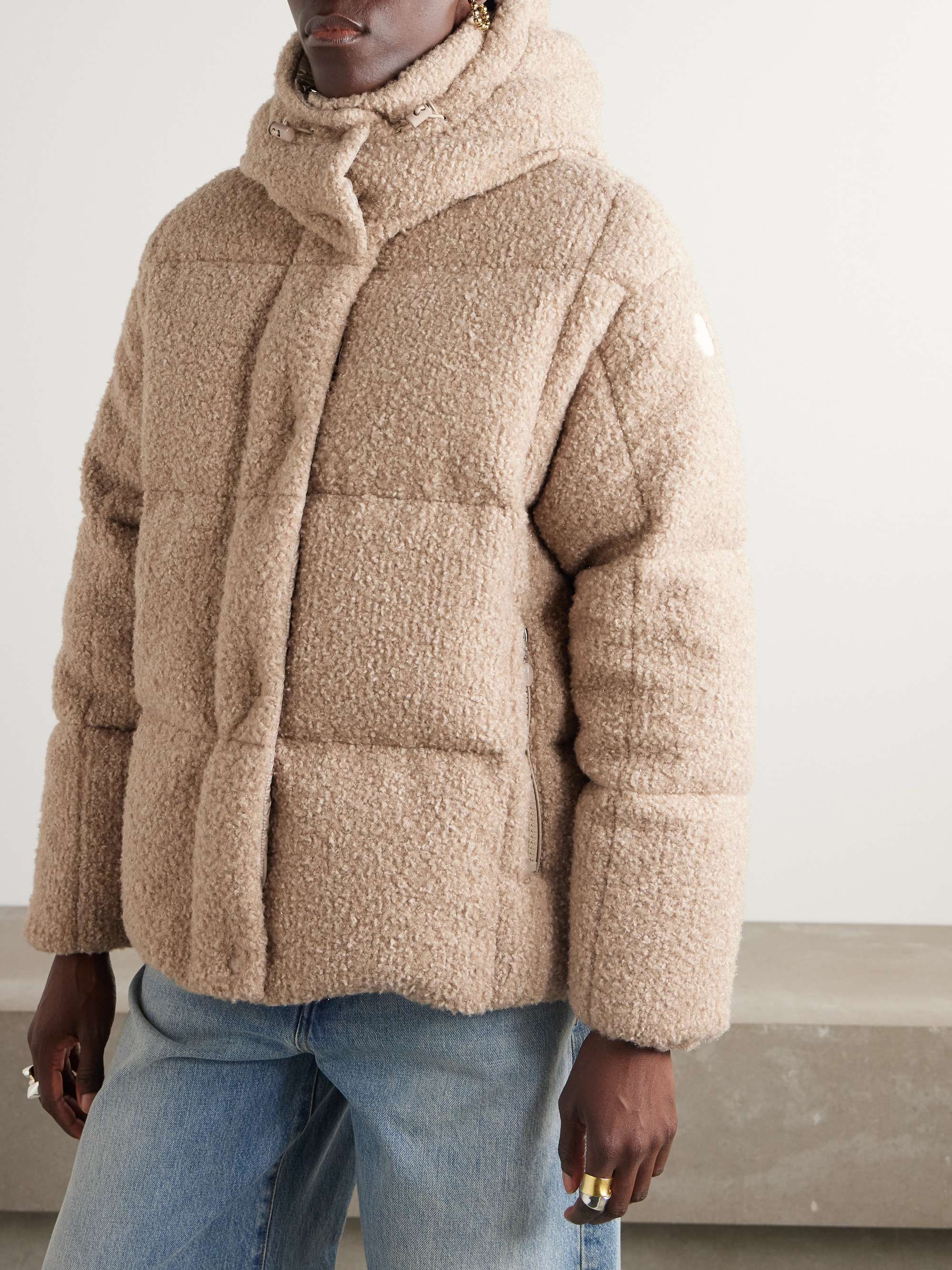 Appliquéd quilted metallic bouclé hooded down jacket view