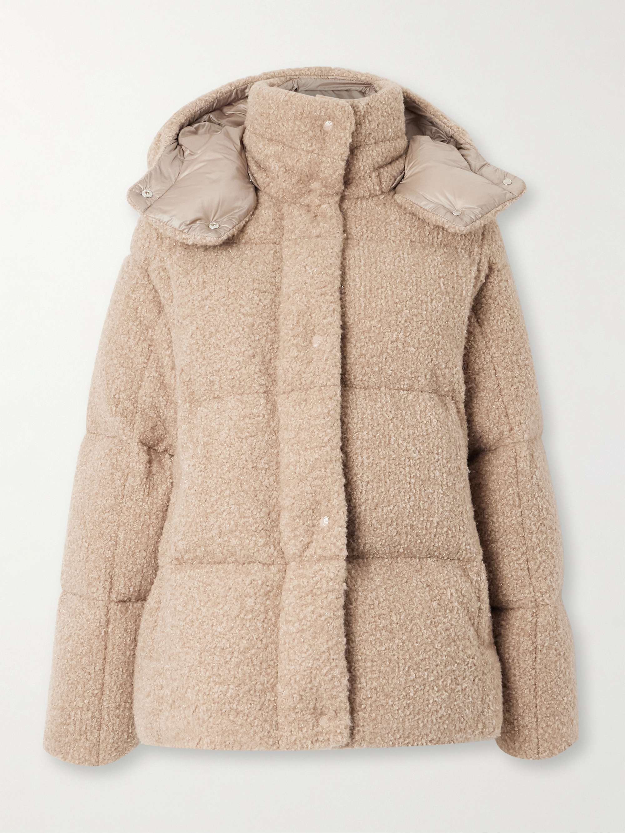 Appliquéd quilted metallic bouclé hooded down jacket view