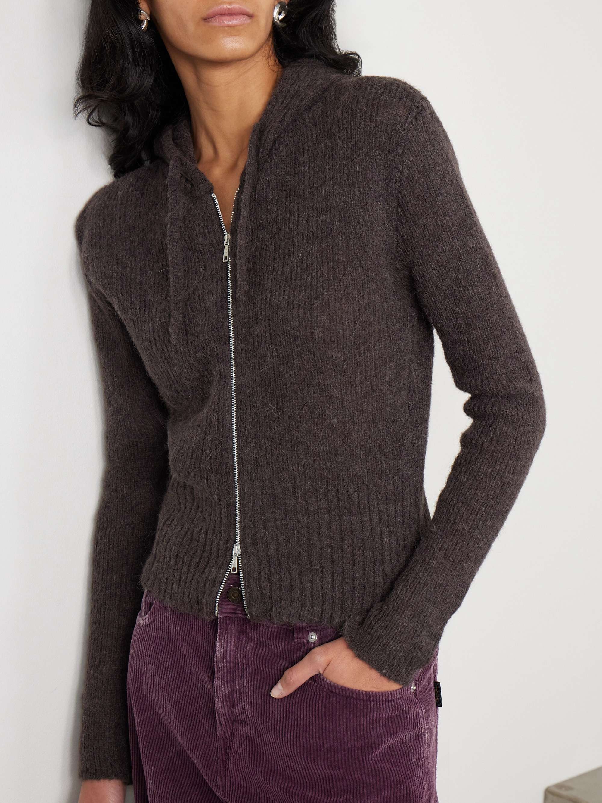 Compact hooded ribbed brushed alpaca-blend cardigan view