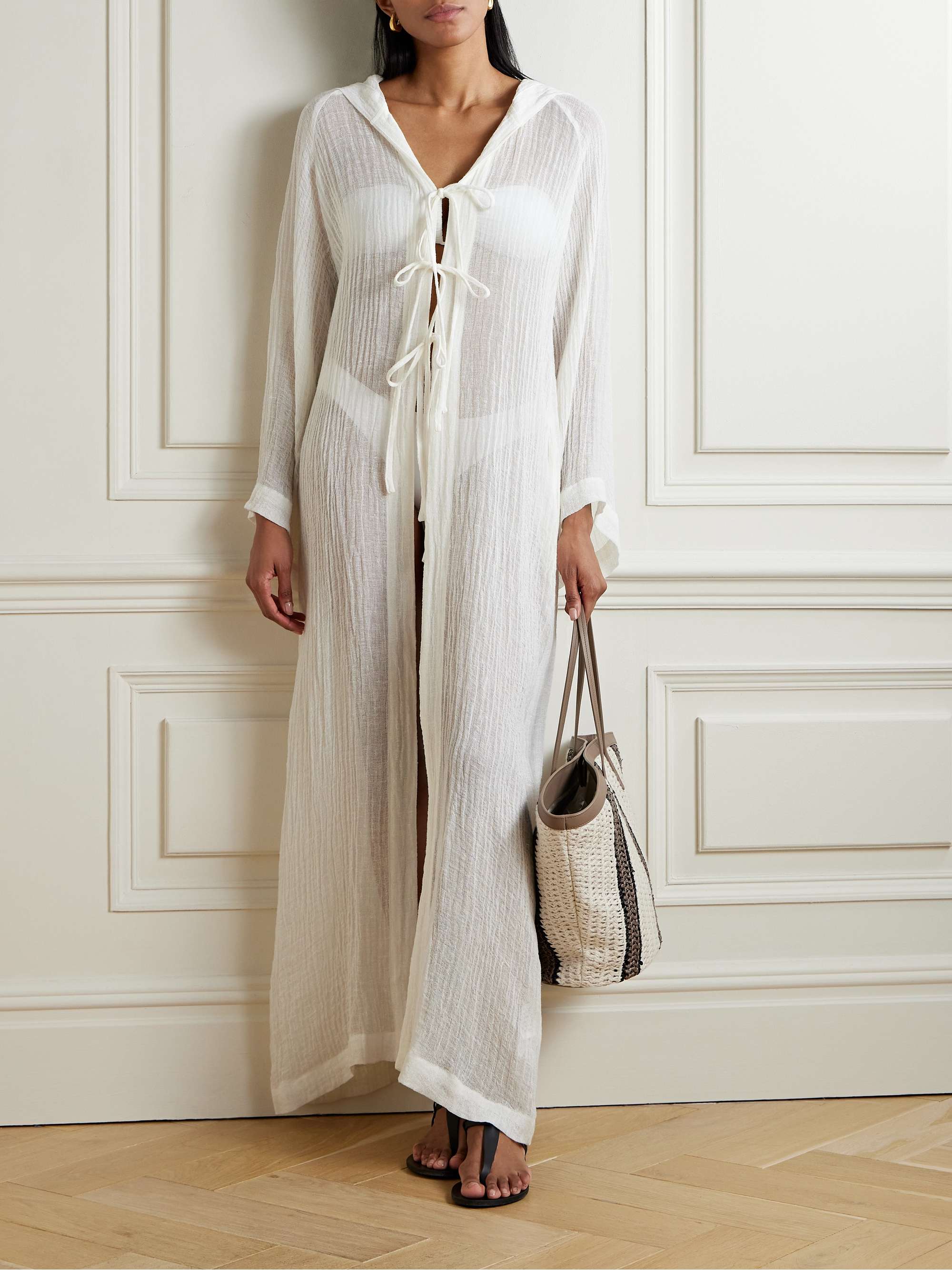 Hooded linen-blend gauze coverup view