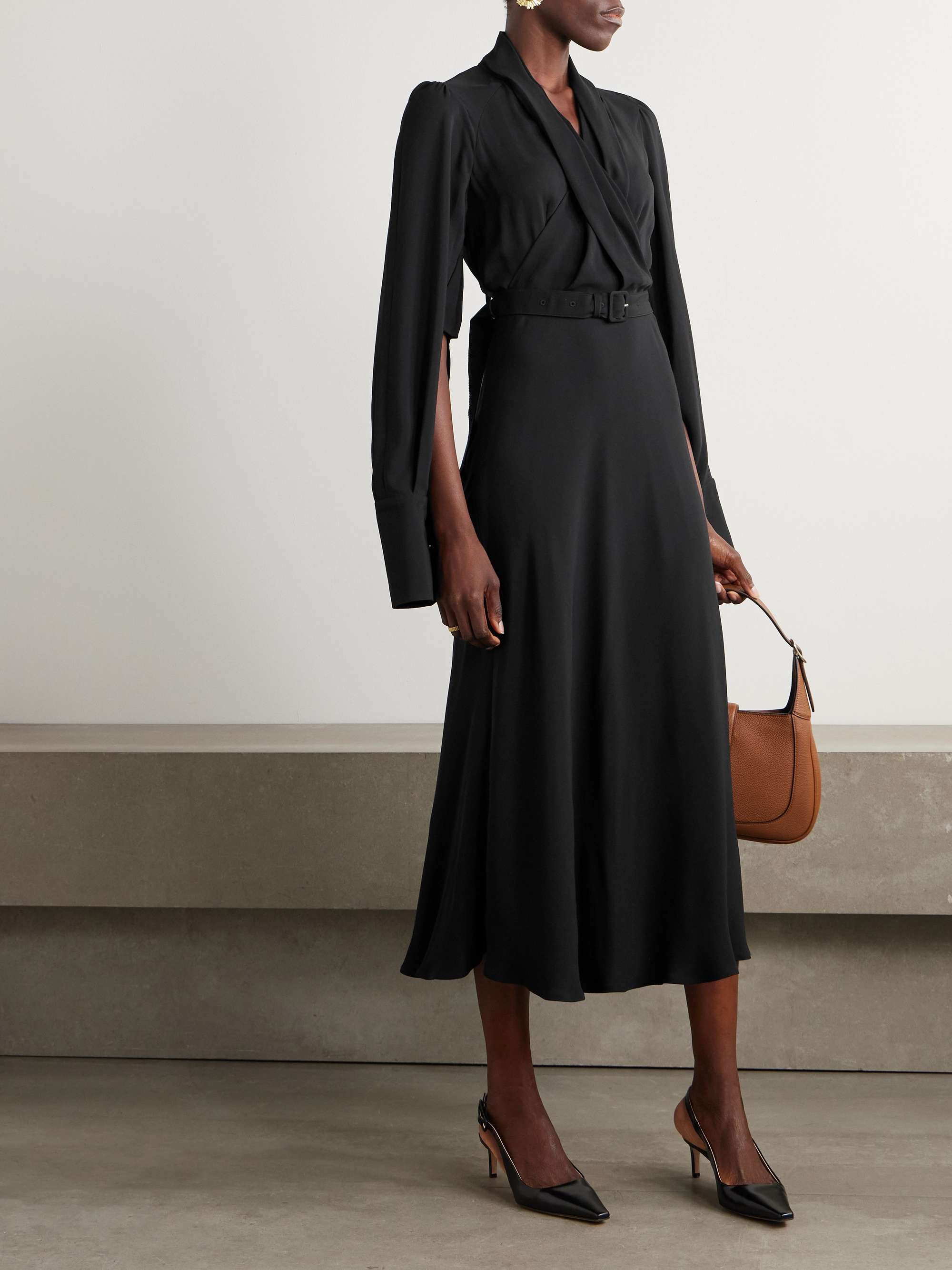 Belted draped wrap-effect recycled crepe midi dress view