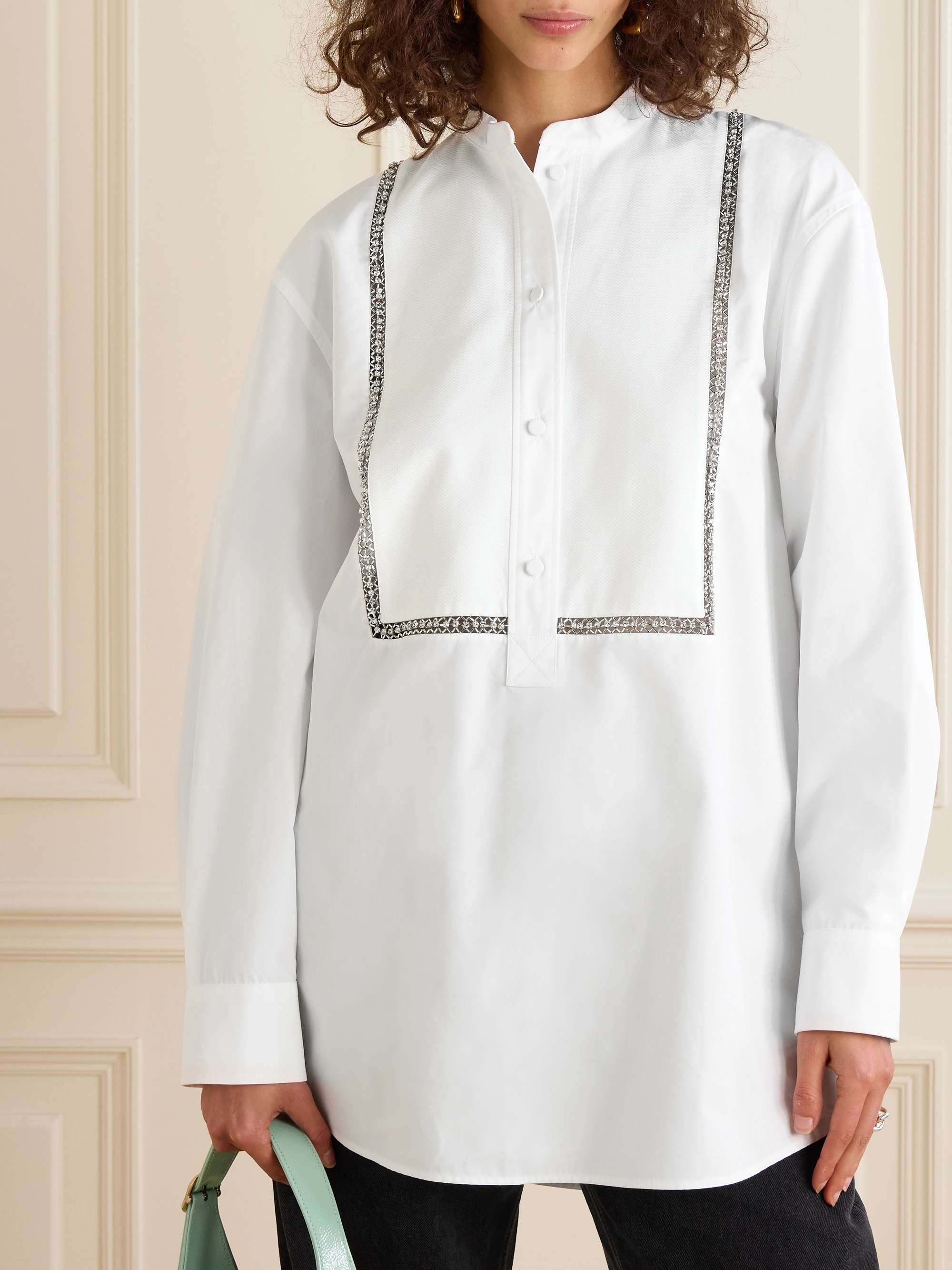 Embellished piqué-trimmed cotton-poplin blouse view