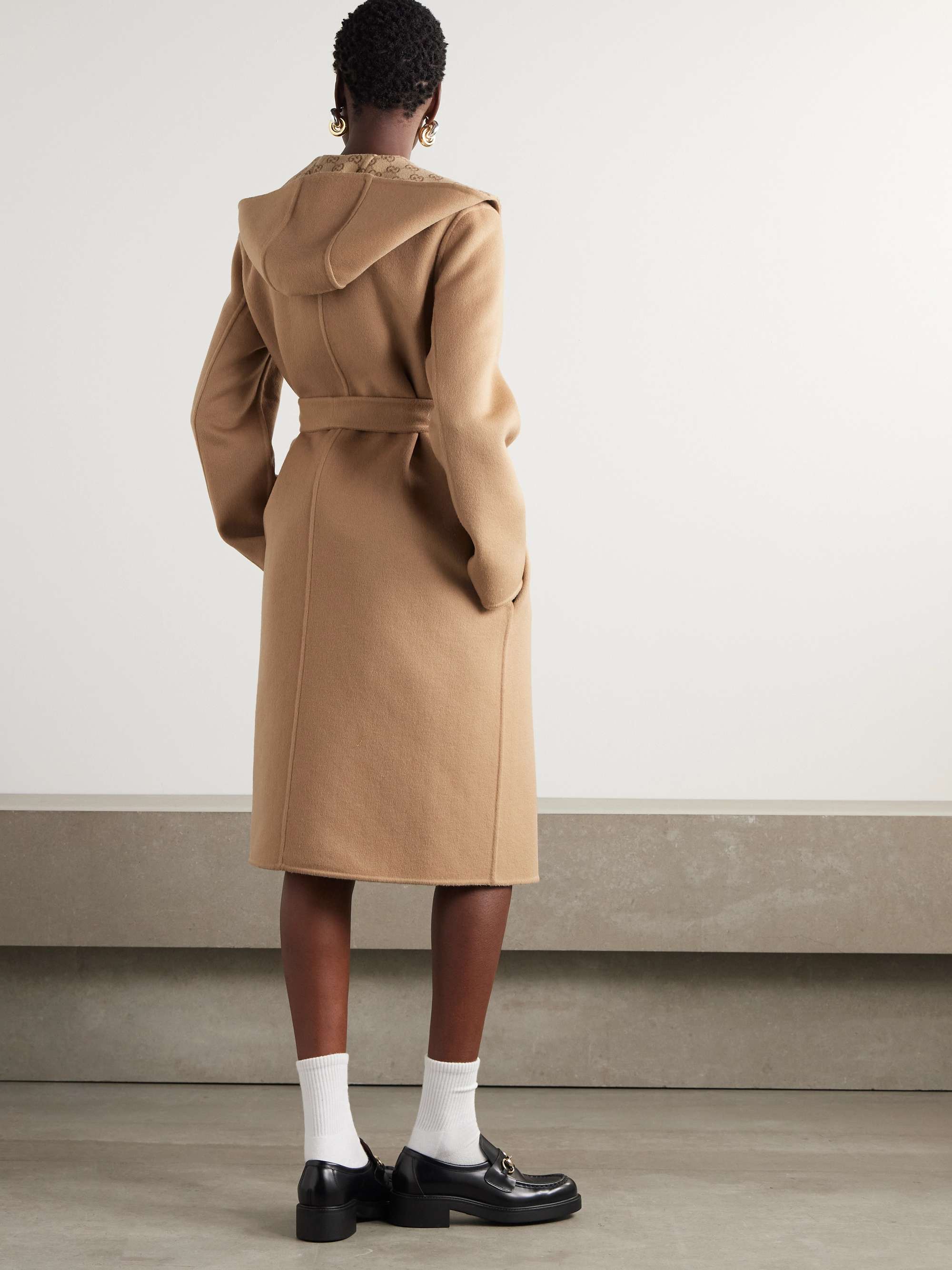 Reversible hooded belted wool and silk-blend jacquard coat view