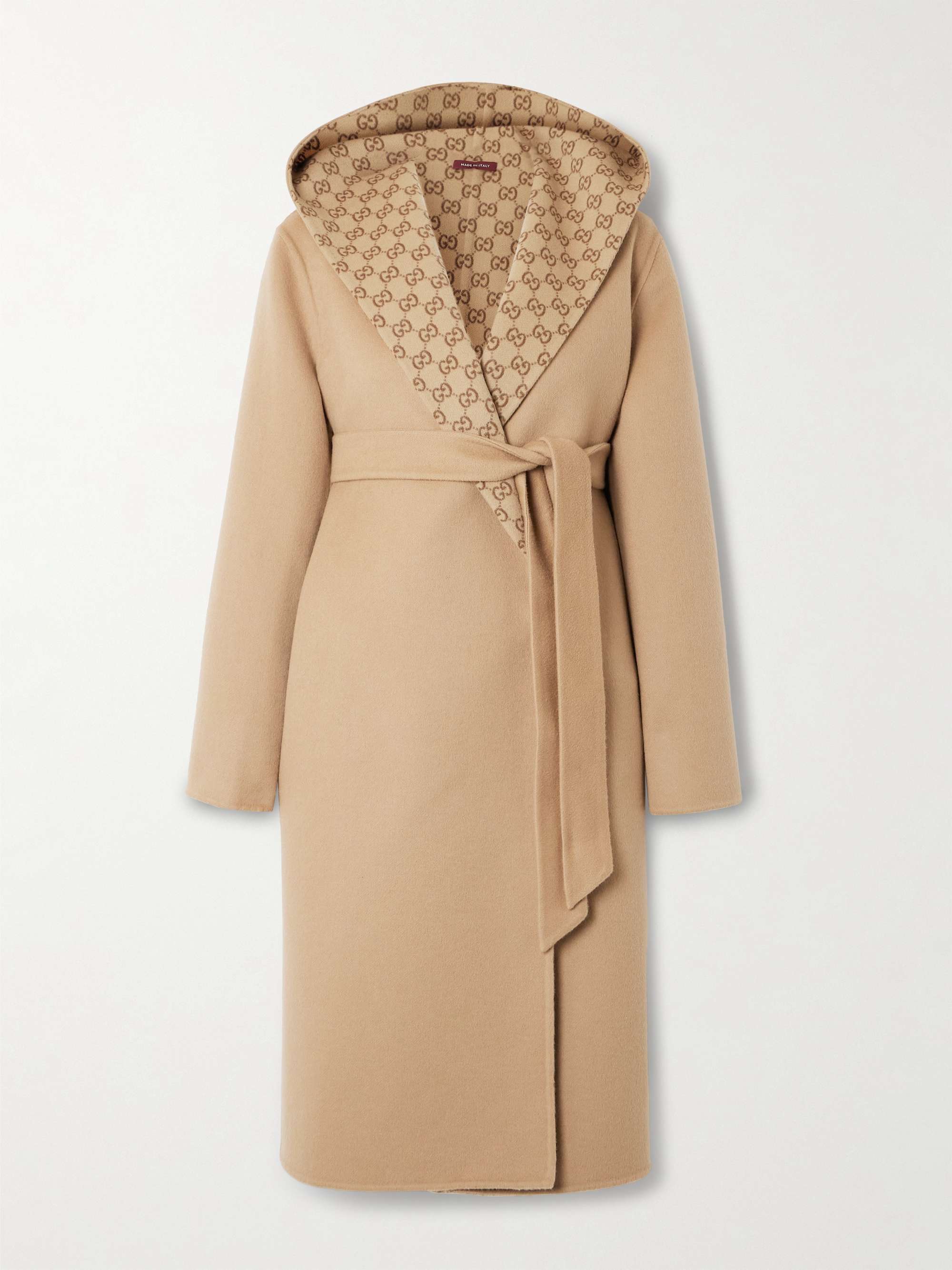 Reversible hooded belted wool and silk-blend jacquard coat view
