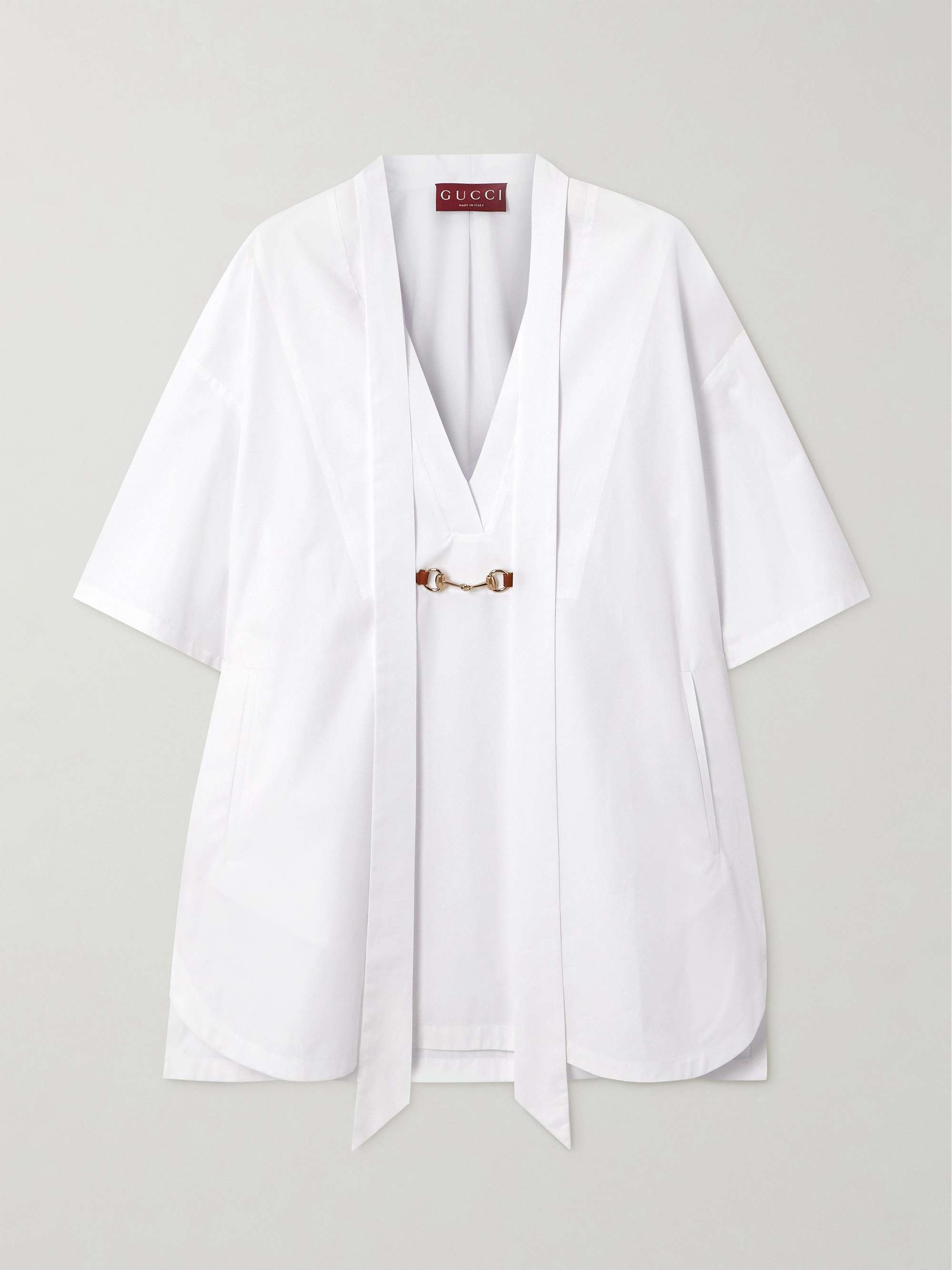 Leather-trimmed horsebit-embellished cotton-poplin mini shirt dress view