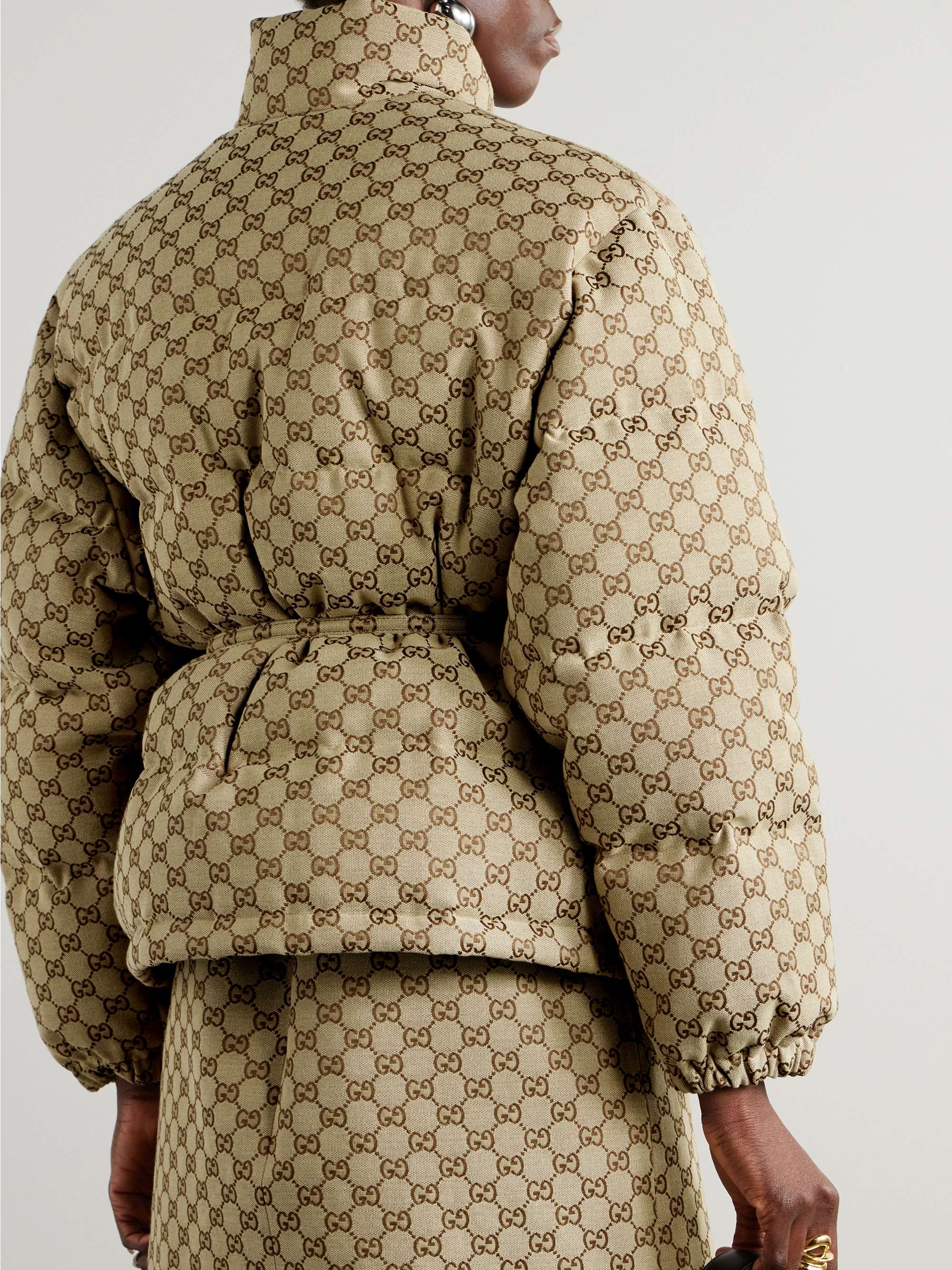 Belted leather-trimmed cotton-blend canvas down jacket view