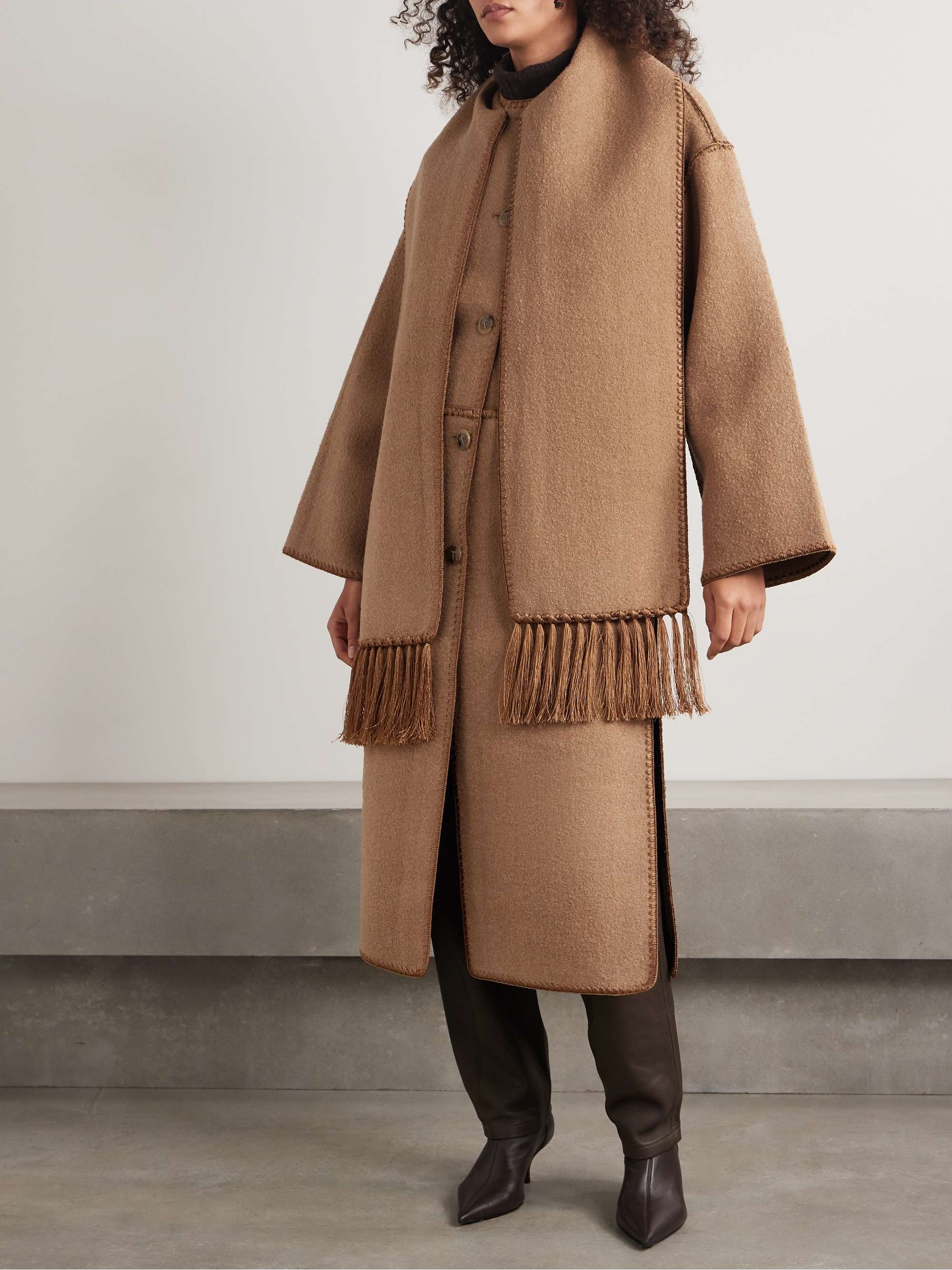 Draped fringed wool-blend bouclé coat view