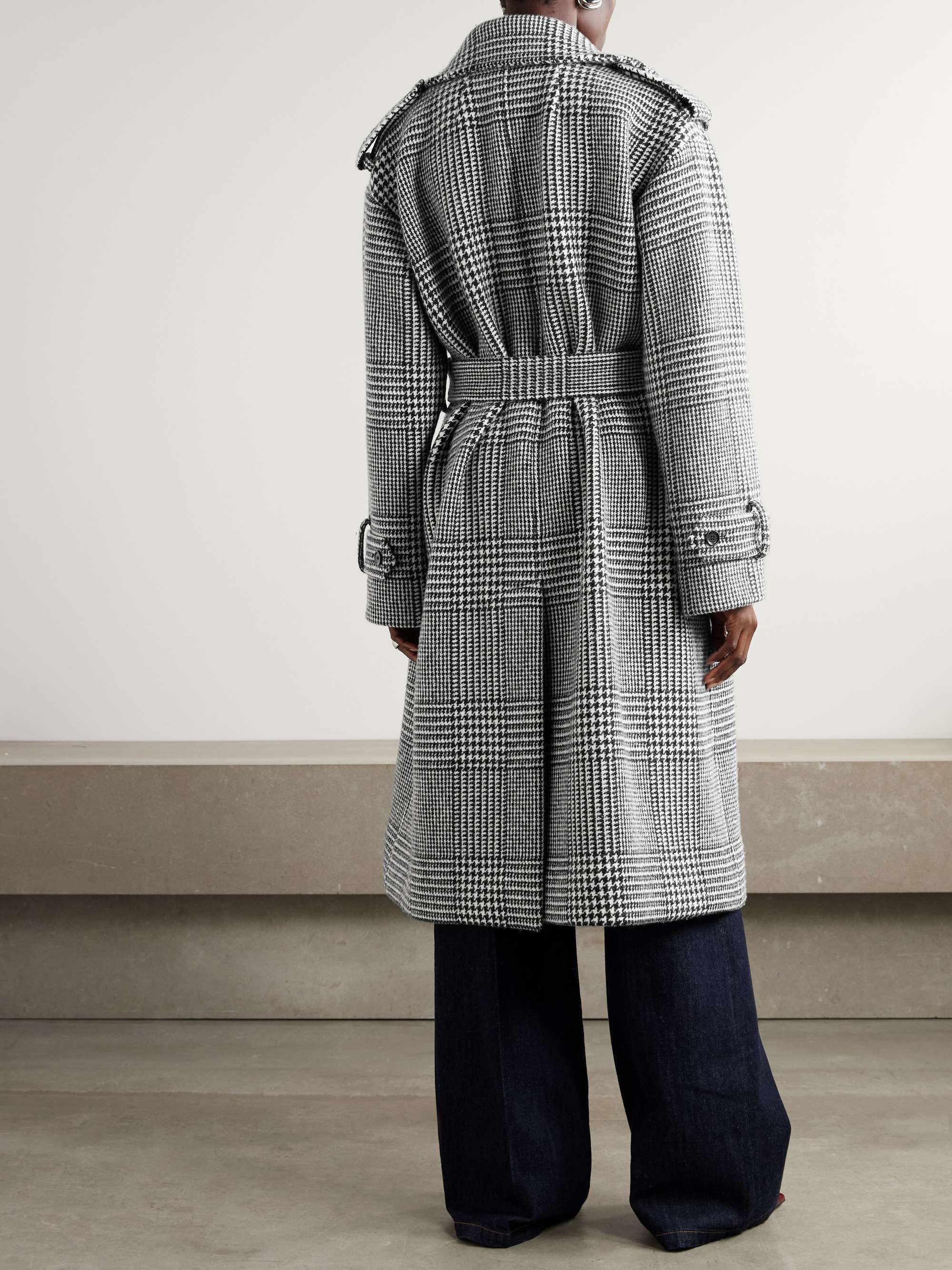 Double-breasted belted Prince of Wales checked wool-blend trench coat view