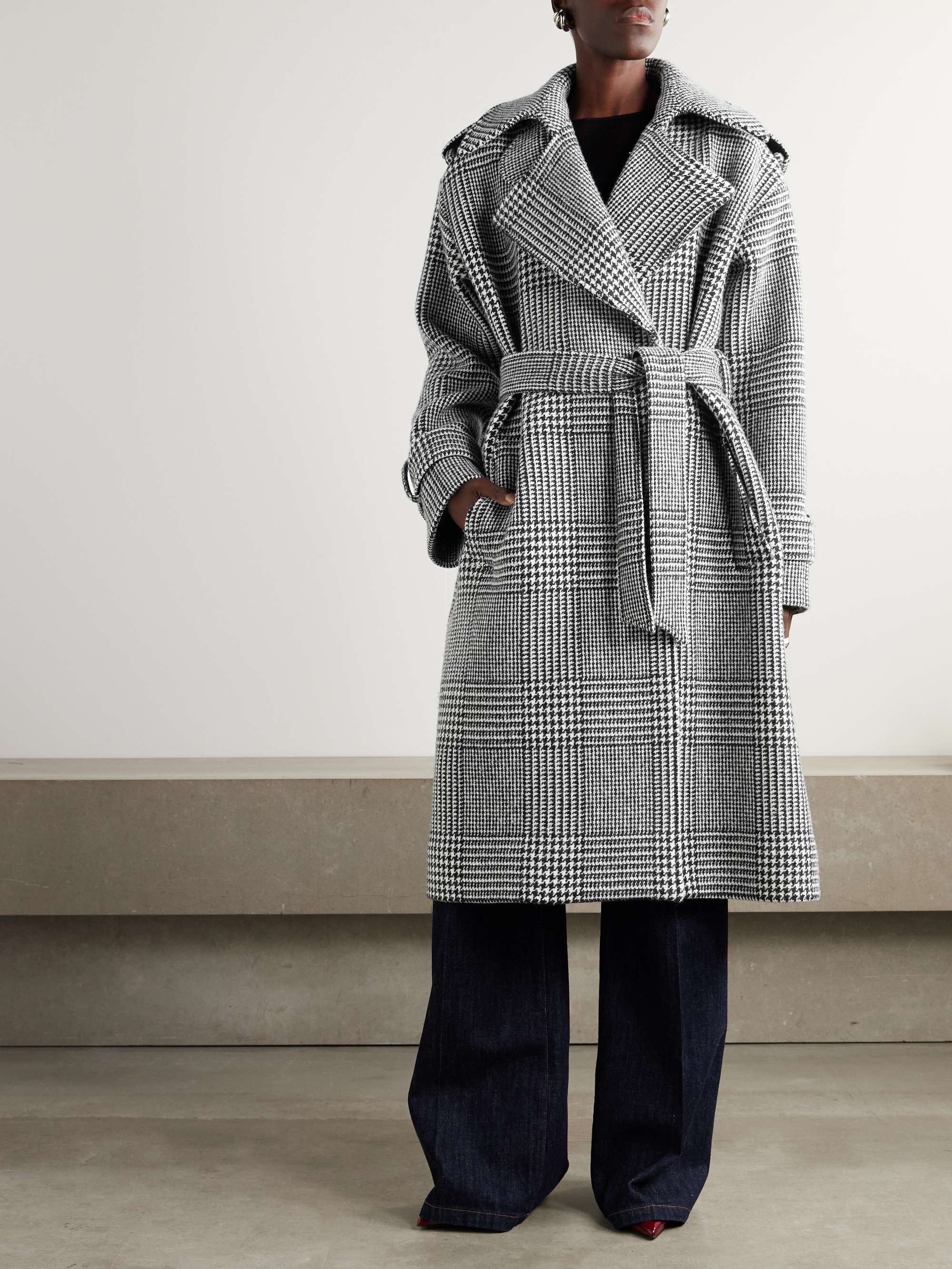 Double-breasted belted Prince of Wales checked wool-blend trench coat view