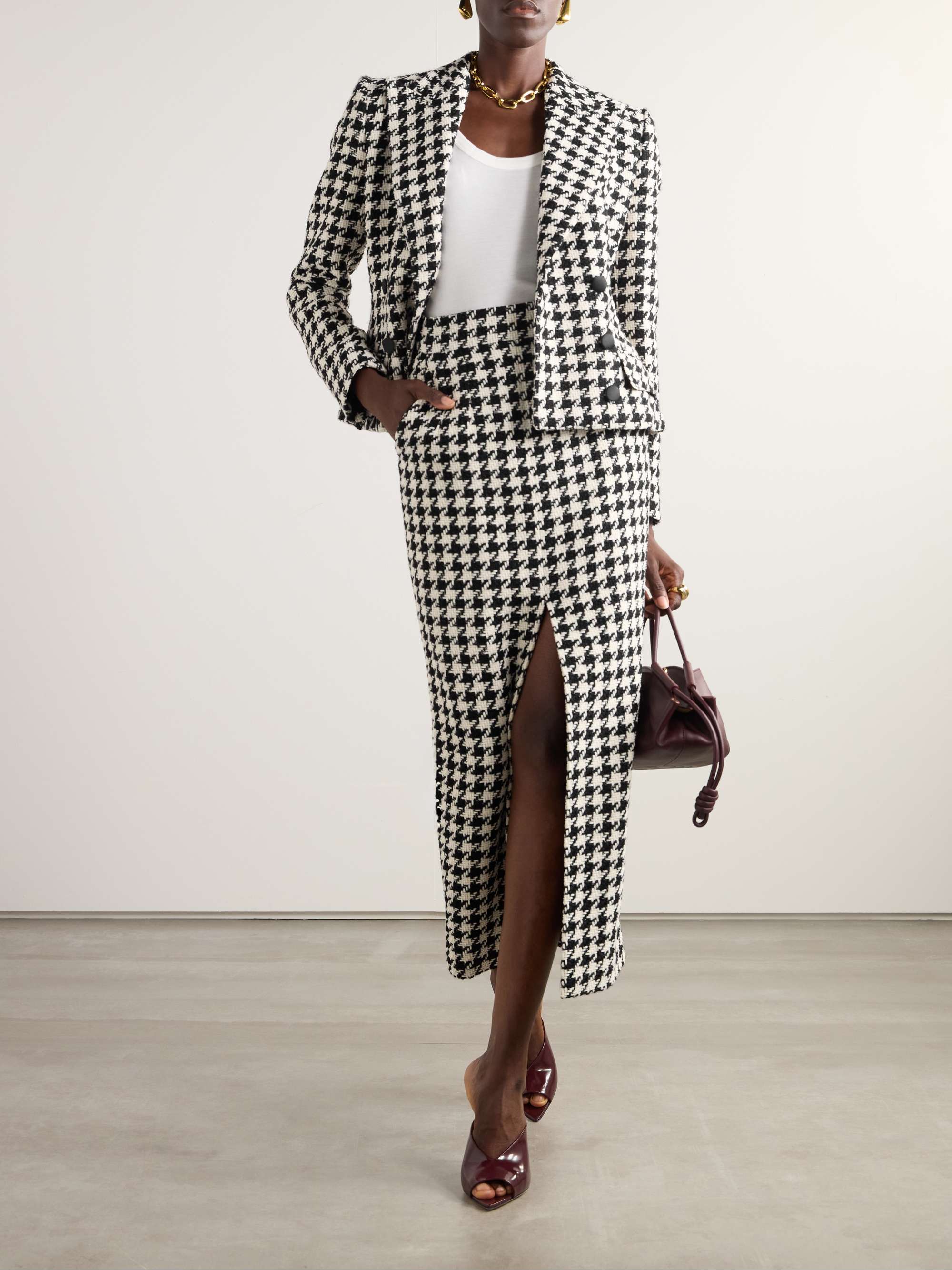 Houndstooth wool and cotton-blend tweed midi skirt view