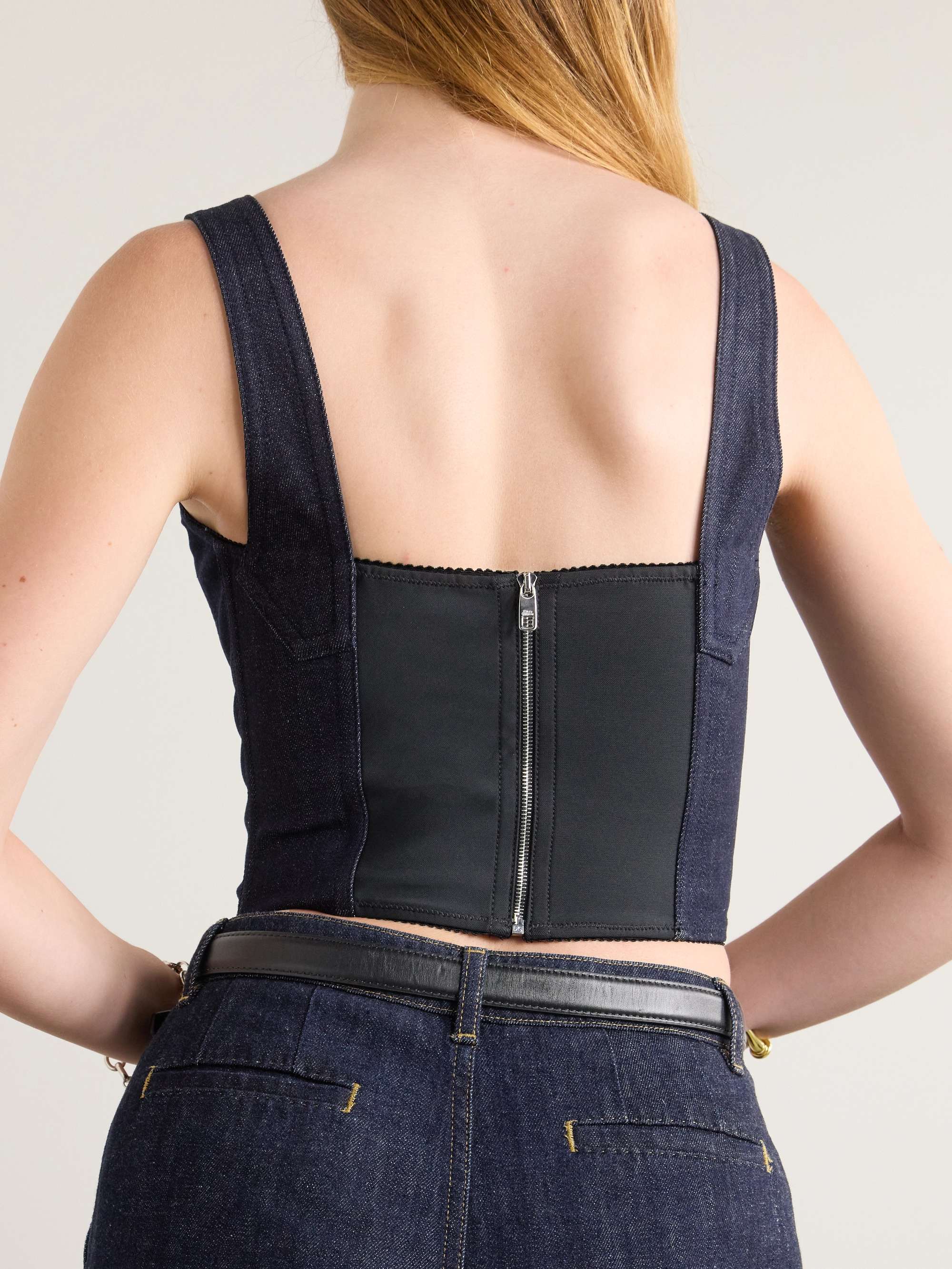 Picot-trimmed denim bustier top view