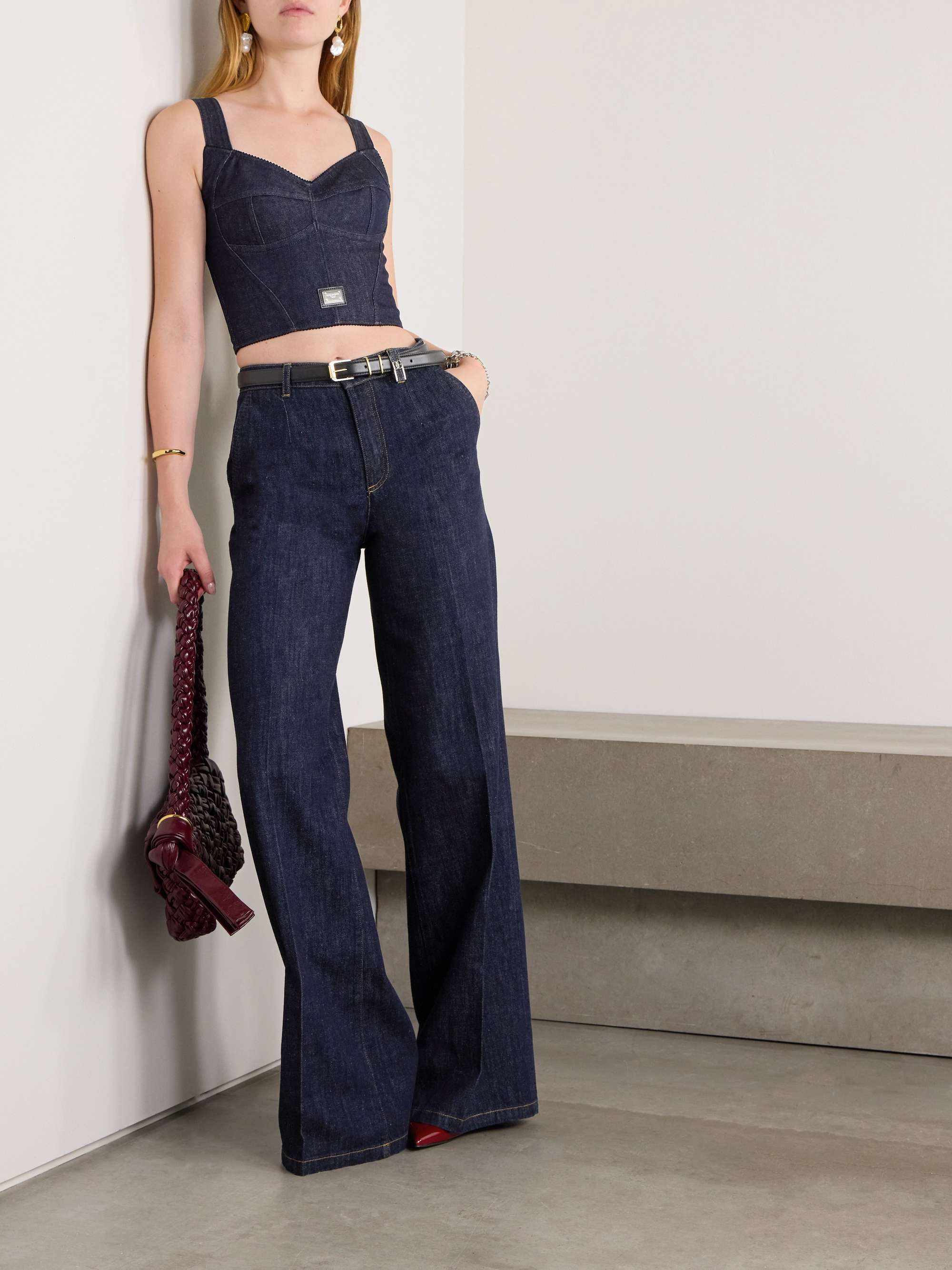 Picot-trimmed denim bustier top view