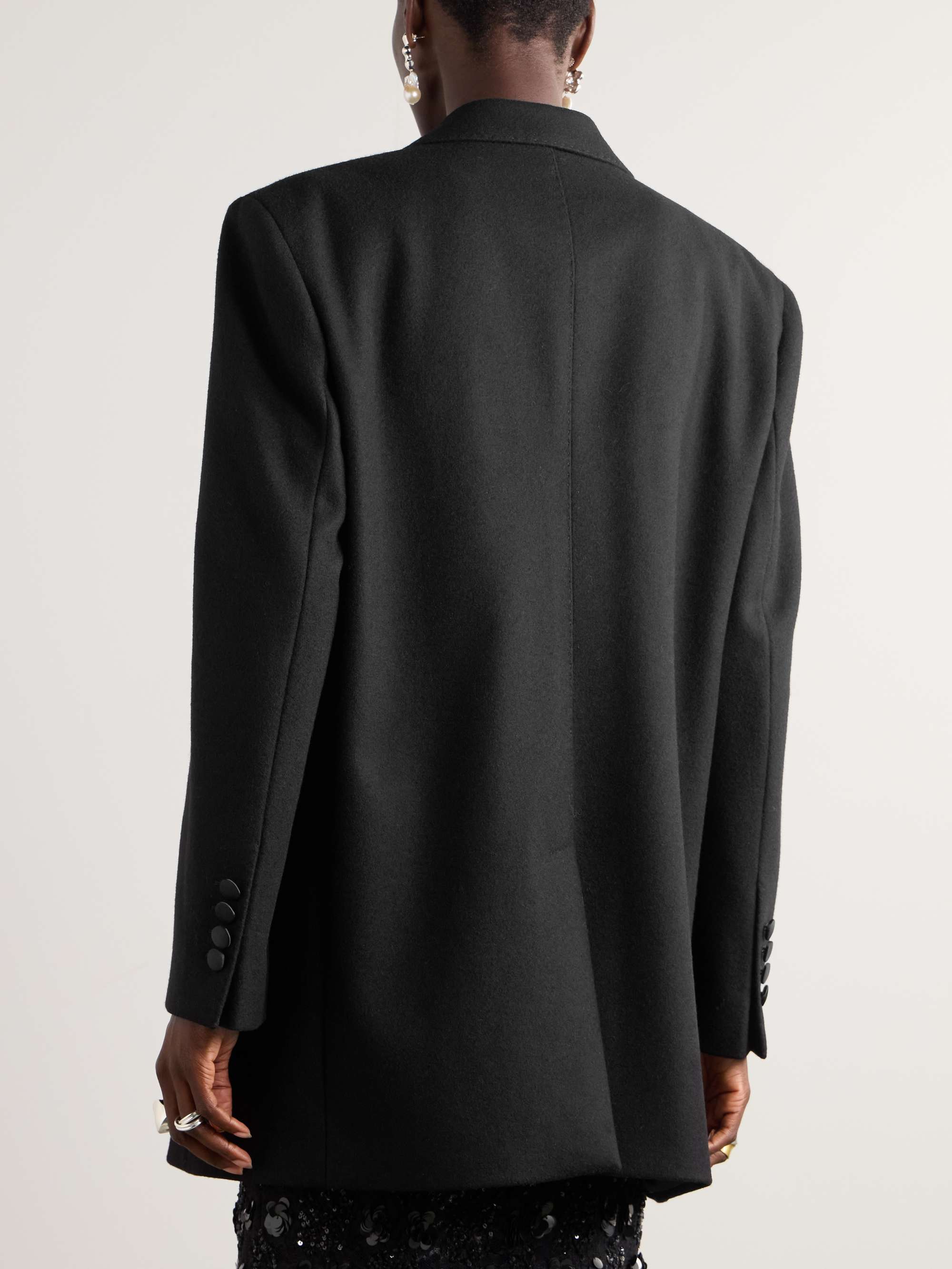Double-breasted satin-trimmed brushed wool-blend blazer view