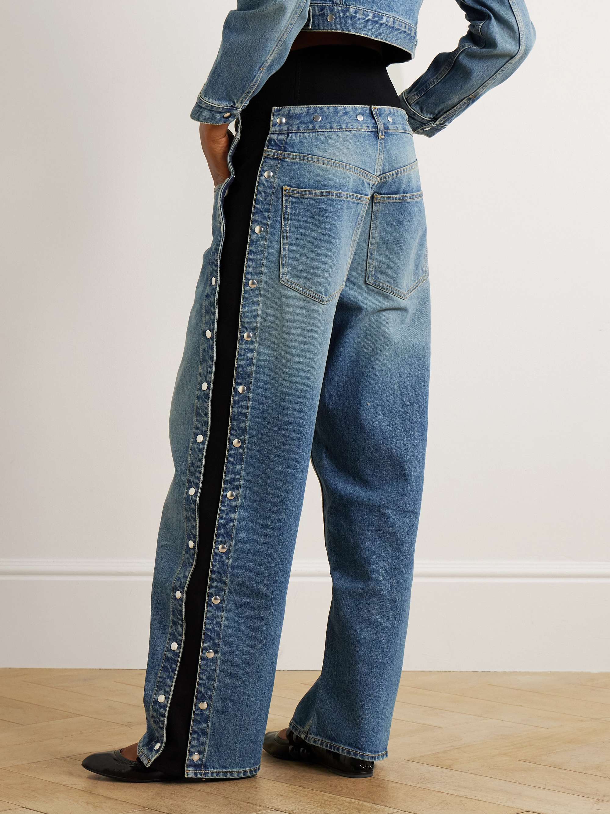 Studded jersey-trimmed high-rise wide-leg jeans view