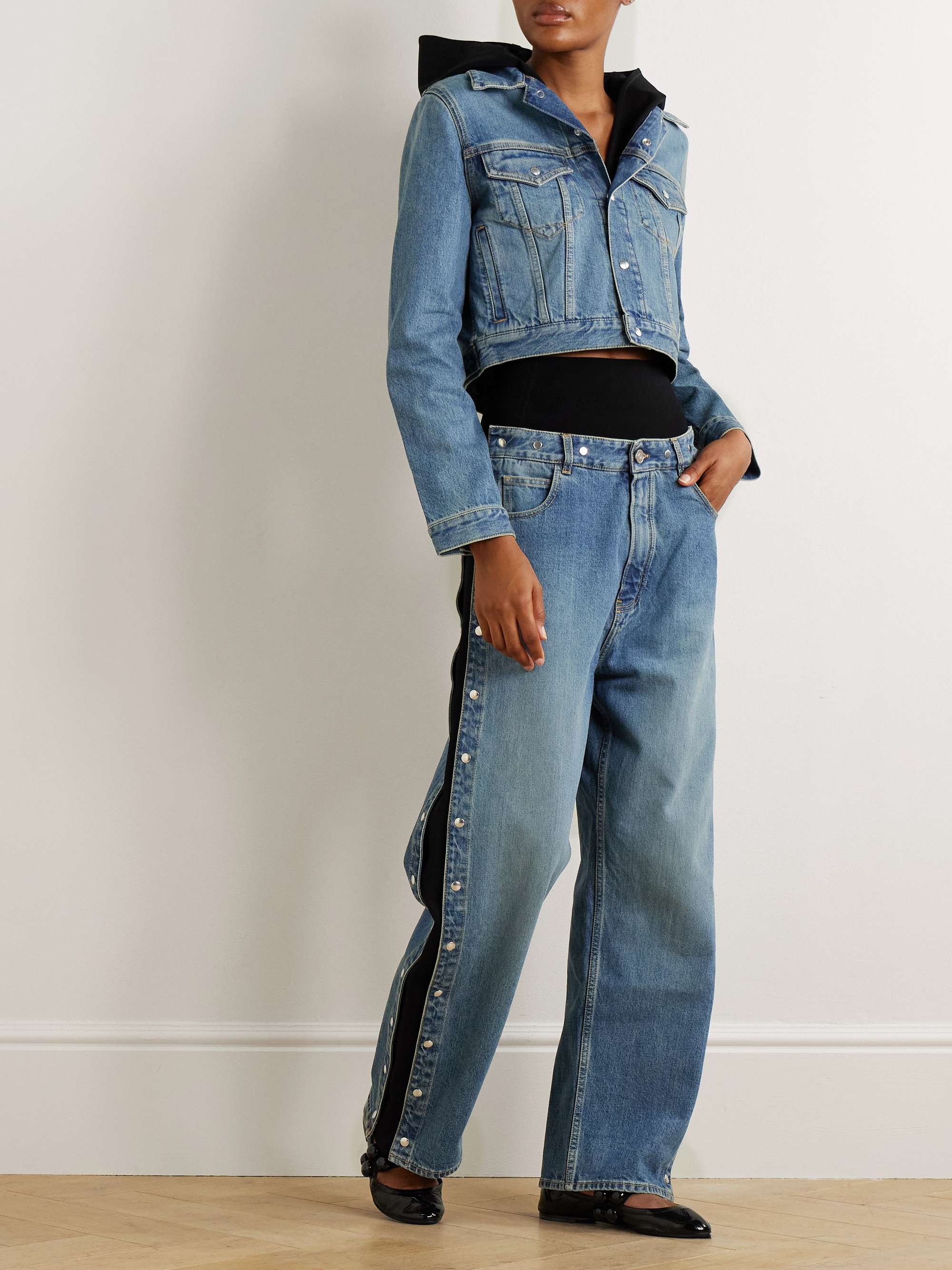 Studded jersey-trimmed high-rise wide-leg jeans view