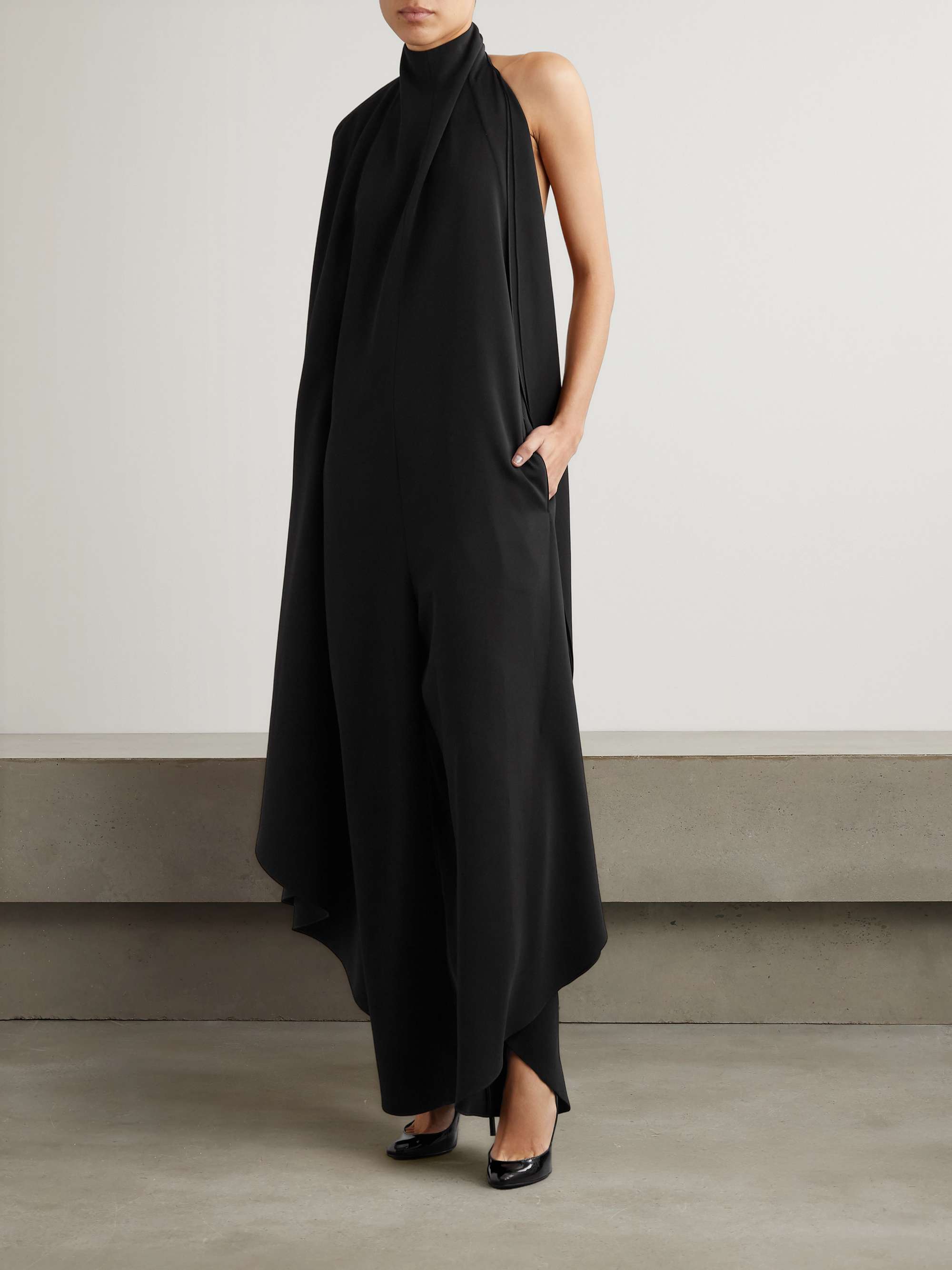 Open-back asymmetric grain de poudre wool-blend jumpsuit view