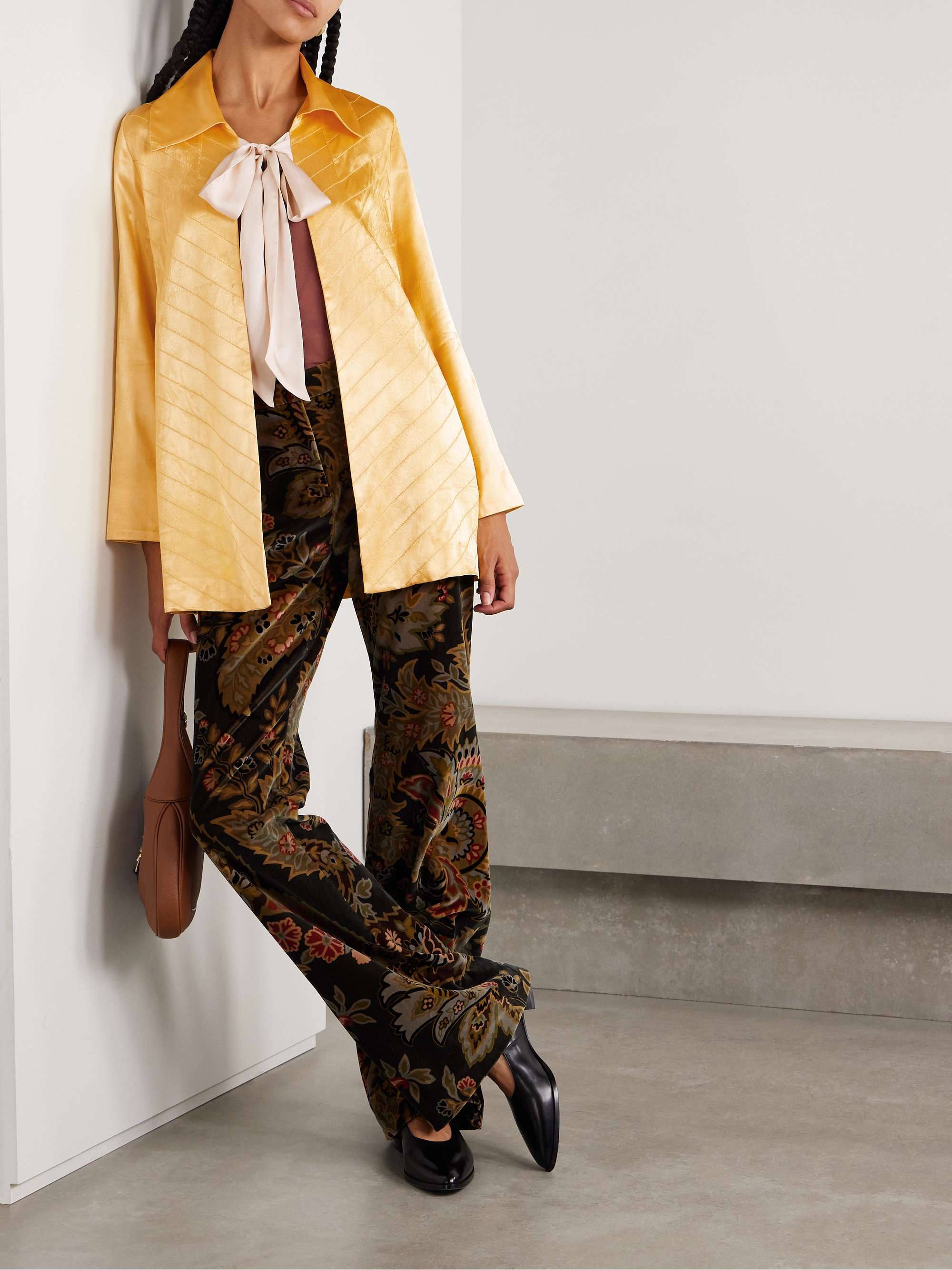 Goldenrod tie-neck quilted satin jacket view