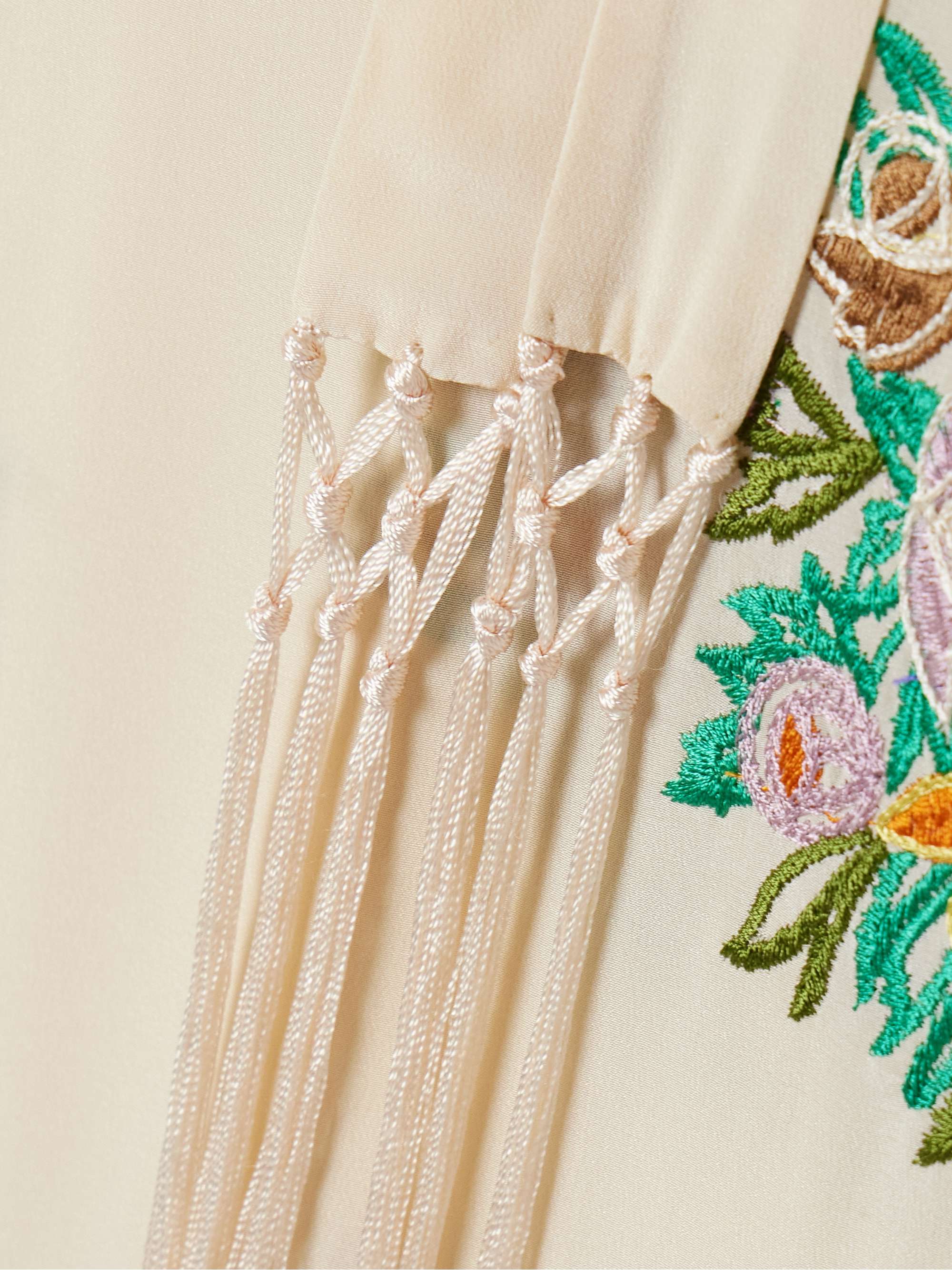 Fringed embroidered silk crepe de chine midi dress view