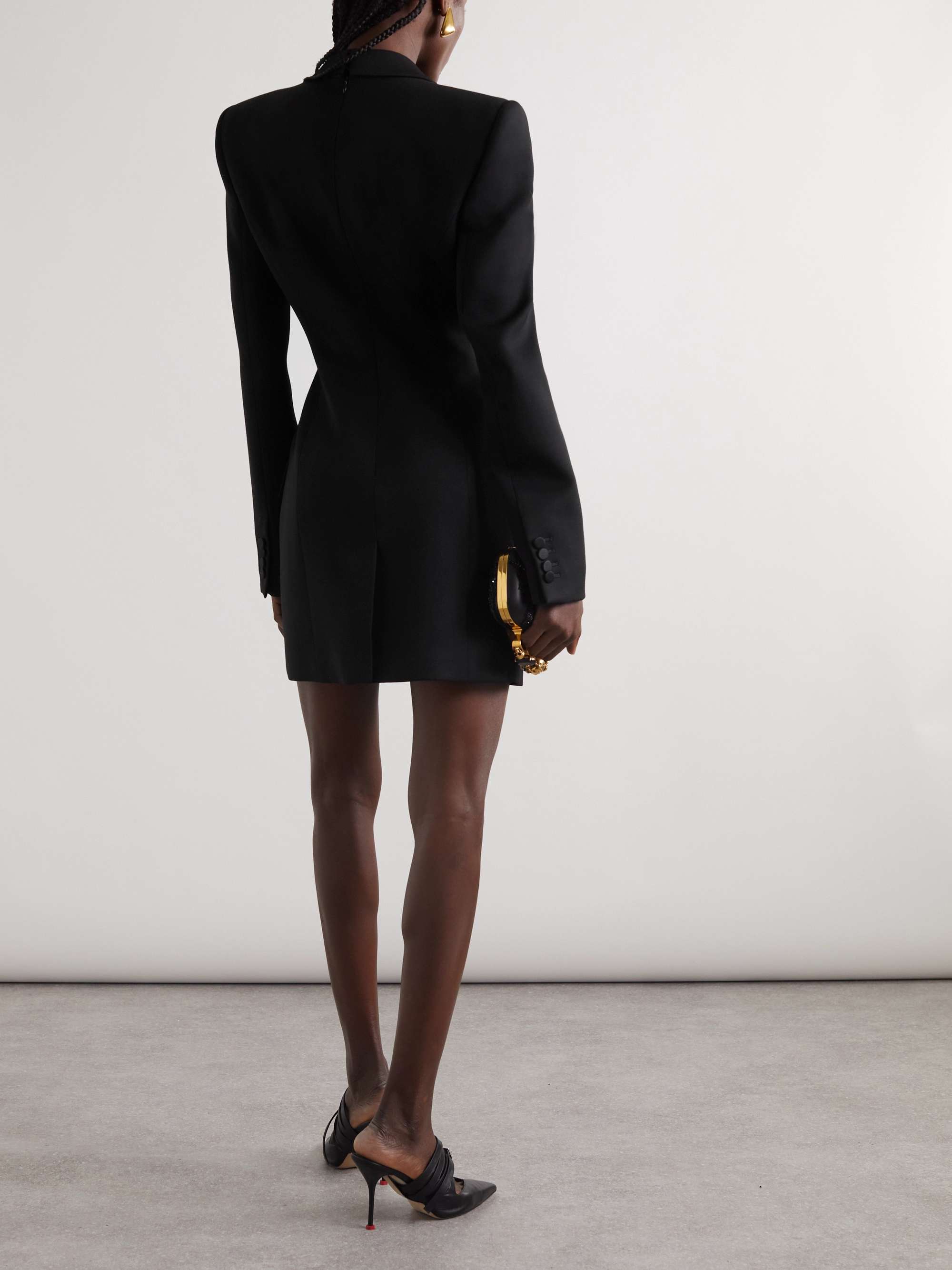 Draped silk-blend satin-trimmed grain de poudre wool mini dress view