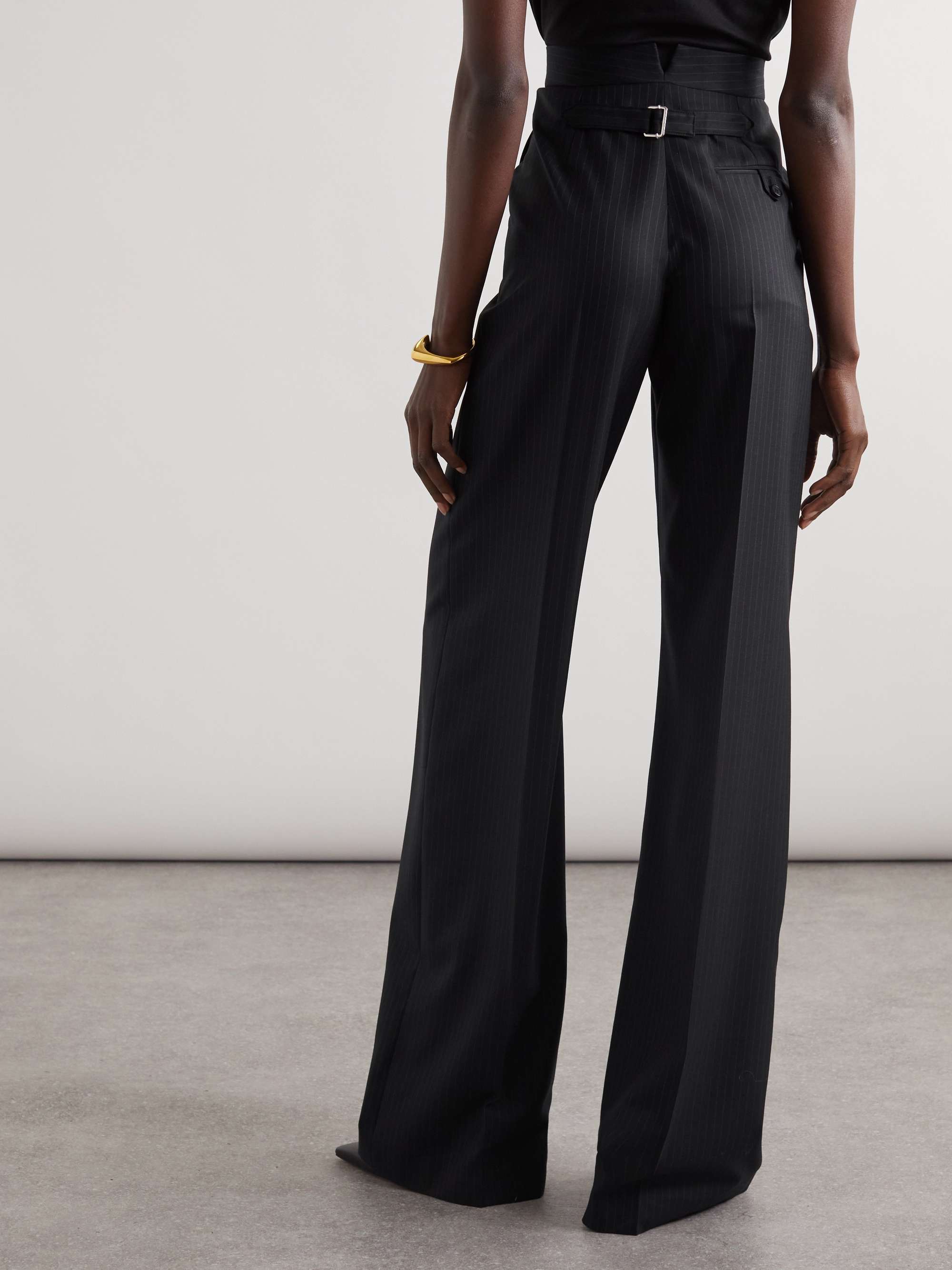 Buckled pleated pinstriped wool straight-leg pants view