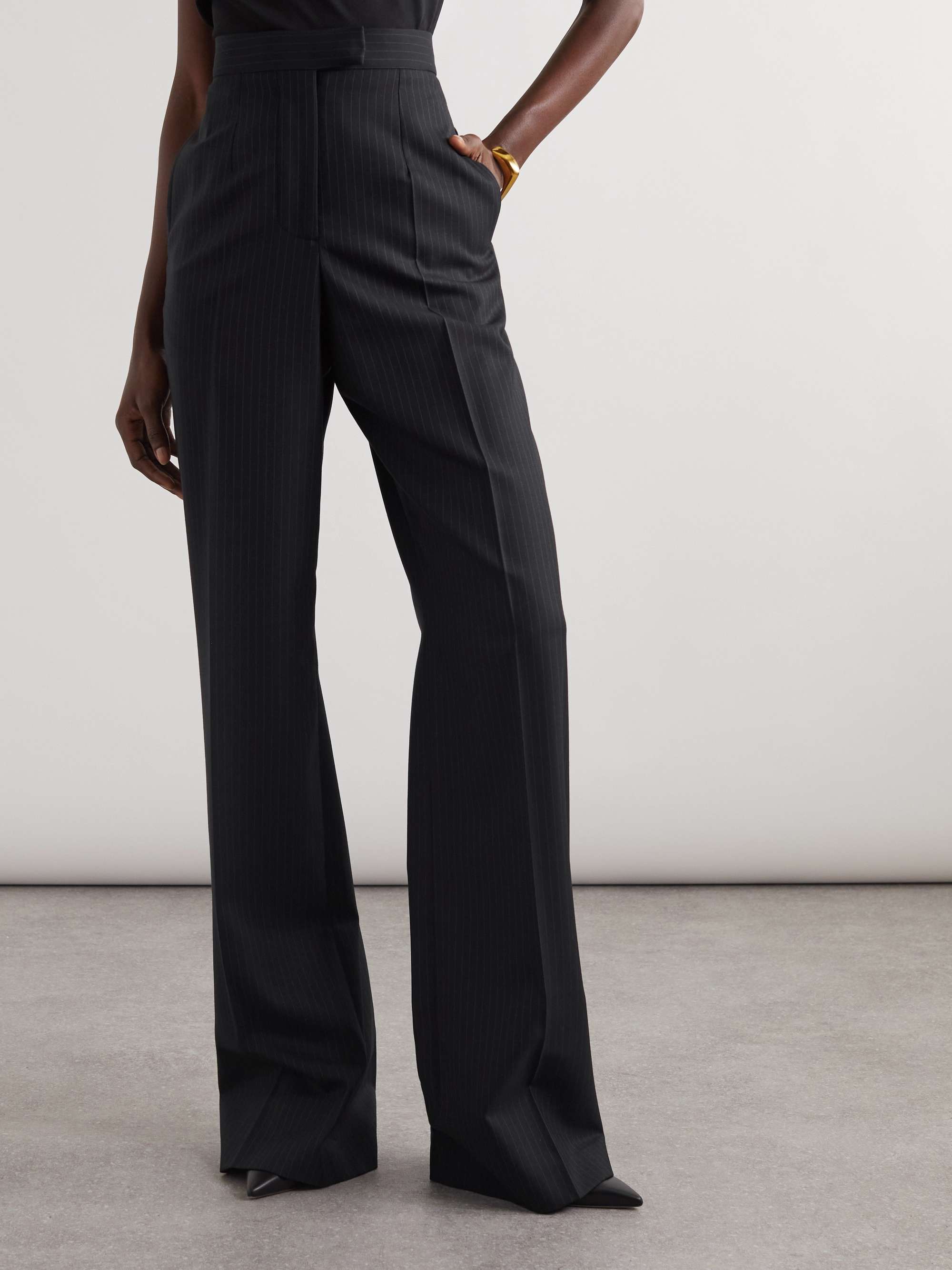 Buckled pleated pinstriped wool straight-leg pants view