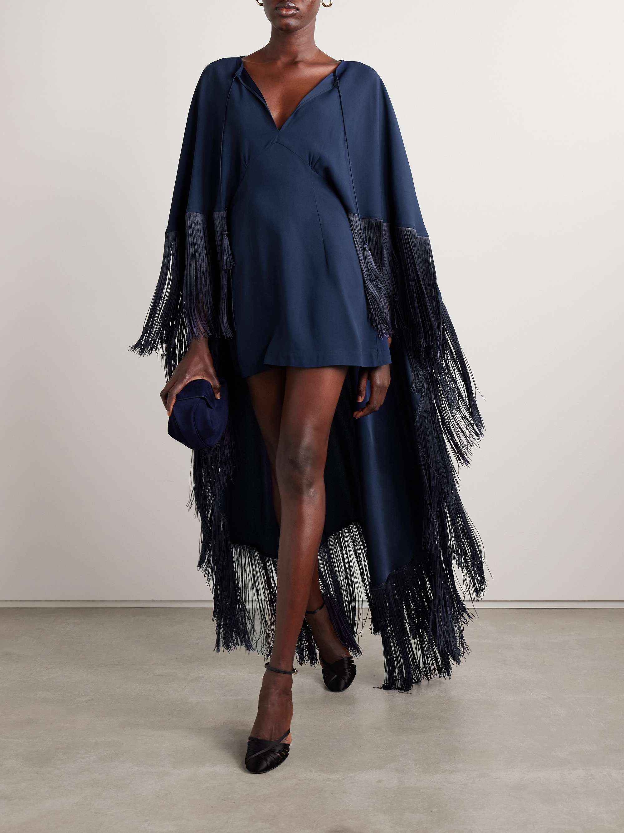 1970 cape-effect fringed crepe mini dress view