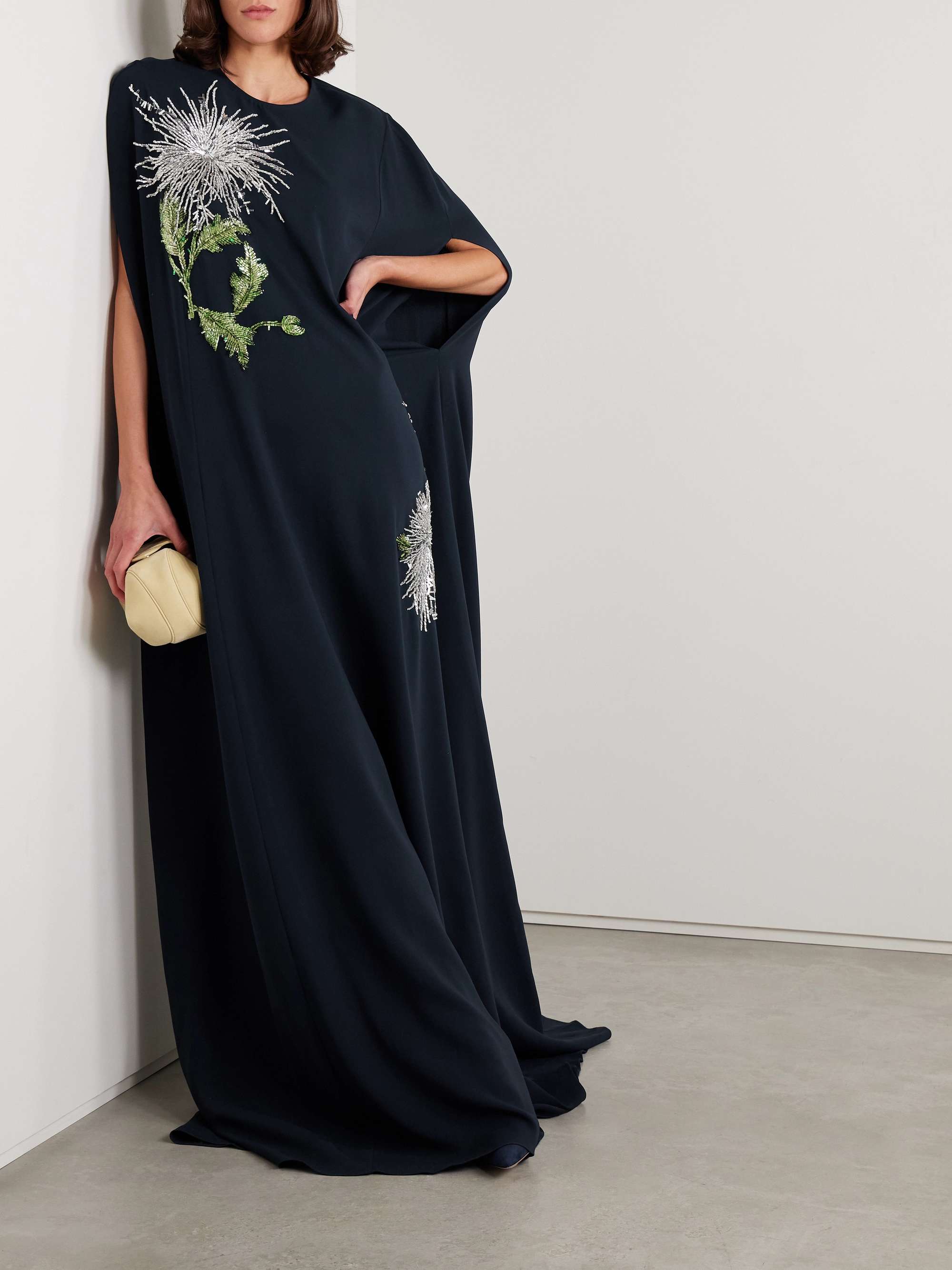 Cape-effect embellished silk-blend crepe gown view