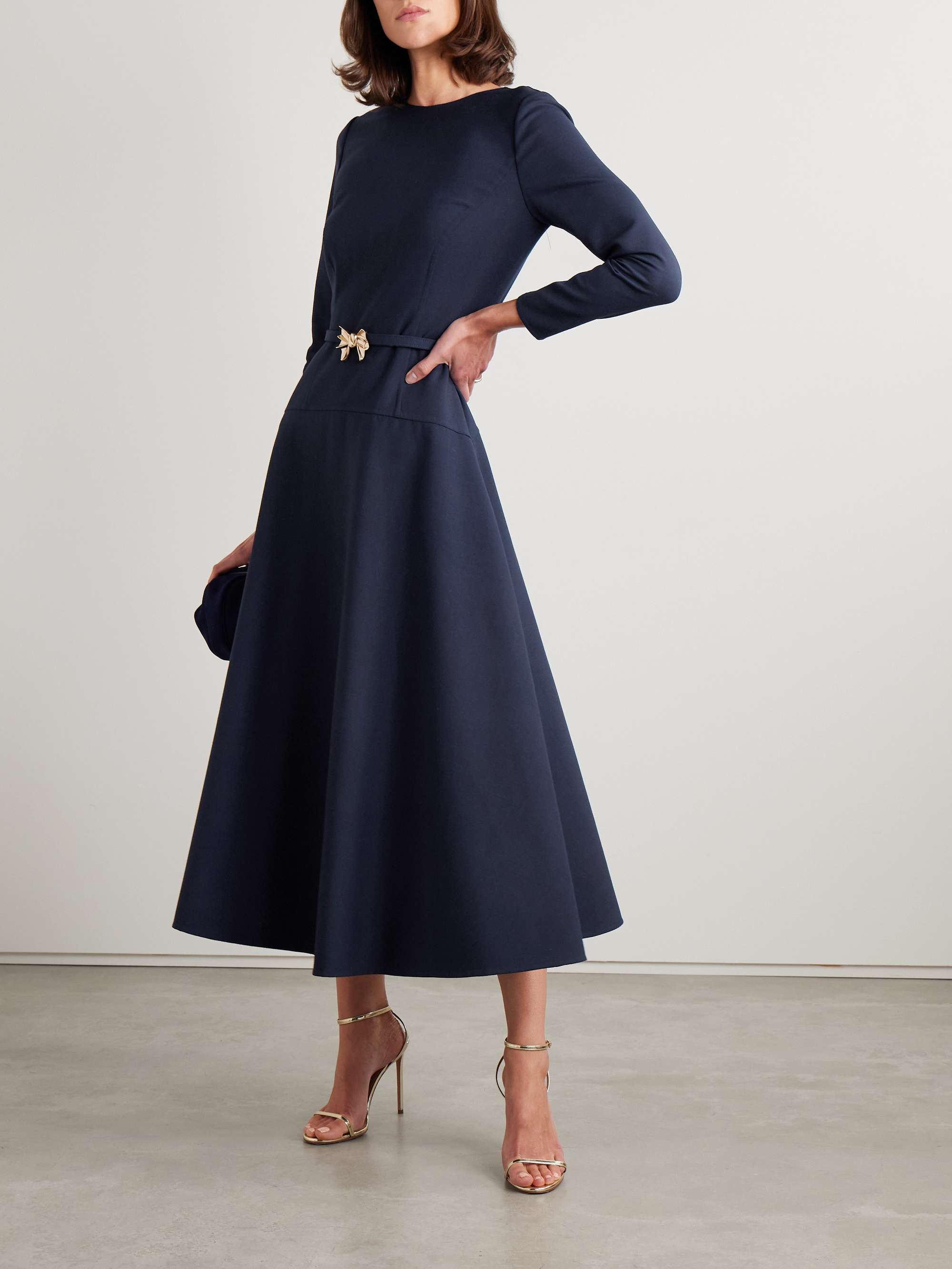 Belted embellished wool-blend midi dress view