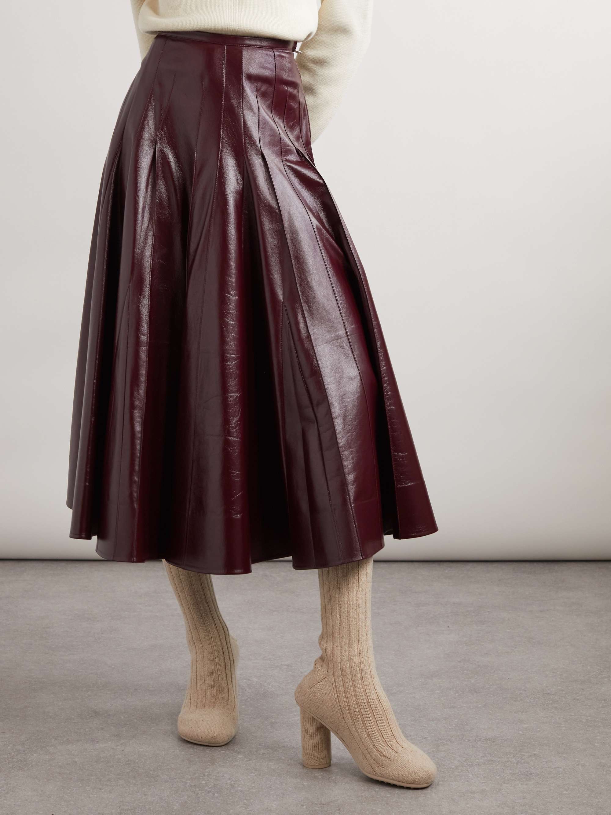 Pleated glossed-leather midi skirt view