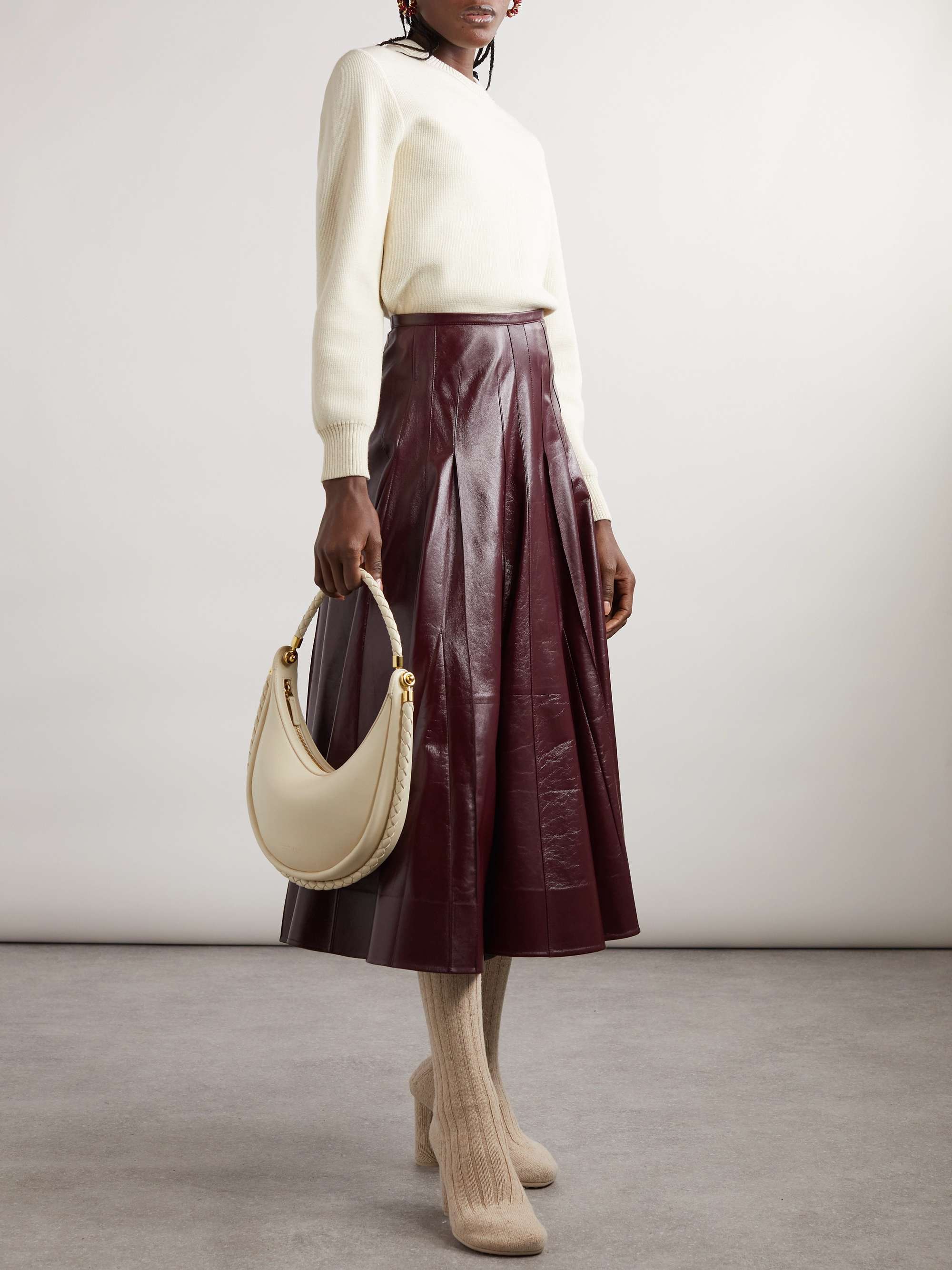 Pleated glossed-leather midi skirt view