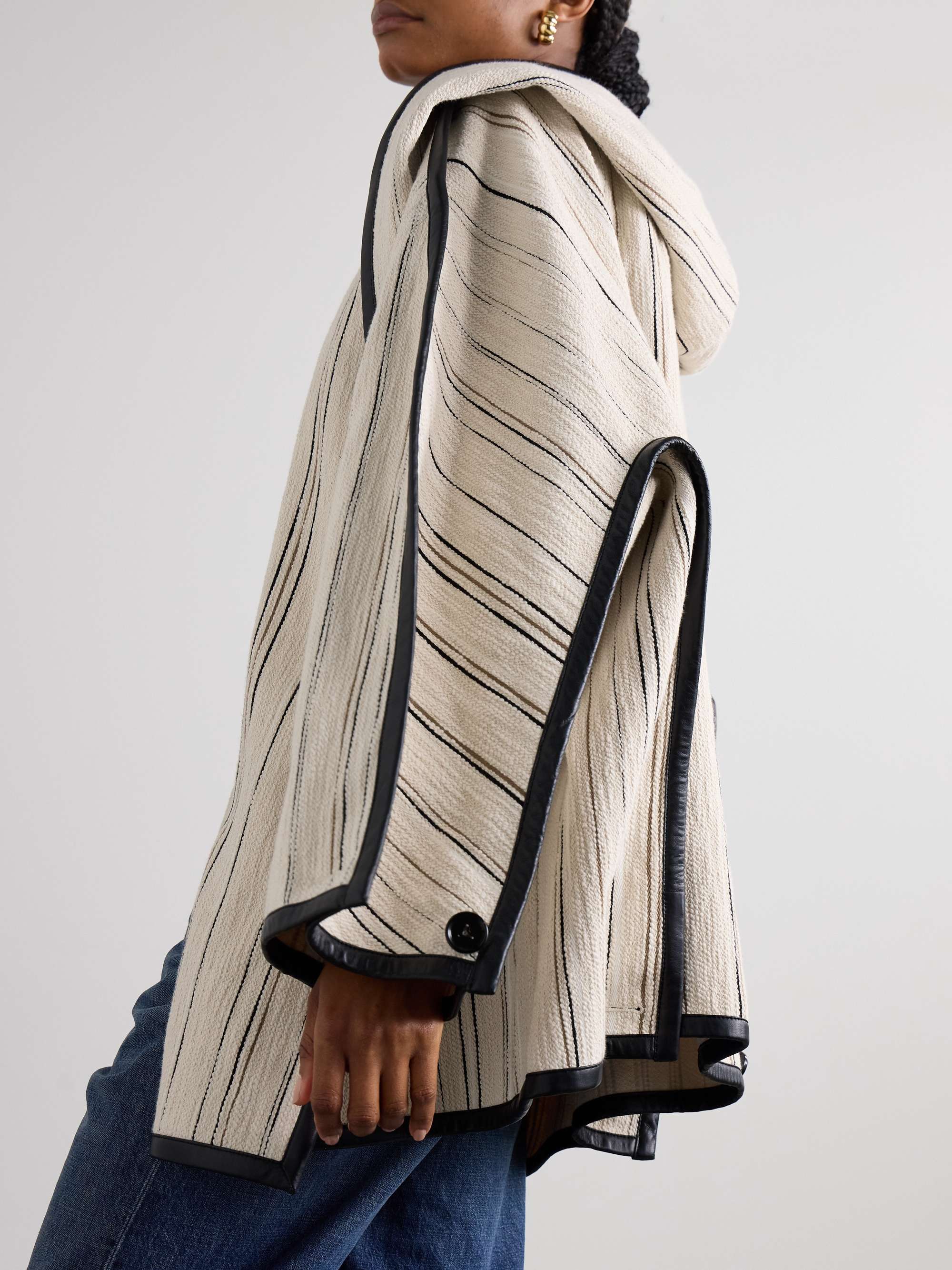 Oversized leather-trimmed striped cotton-blend bouclé coat view