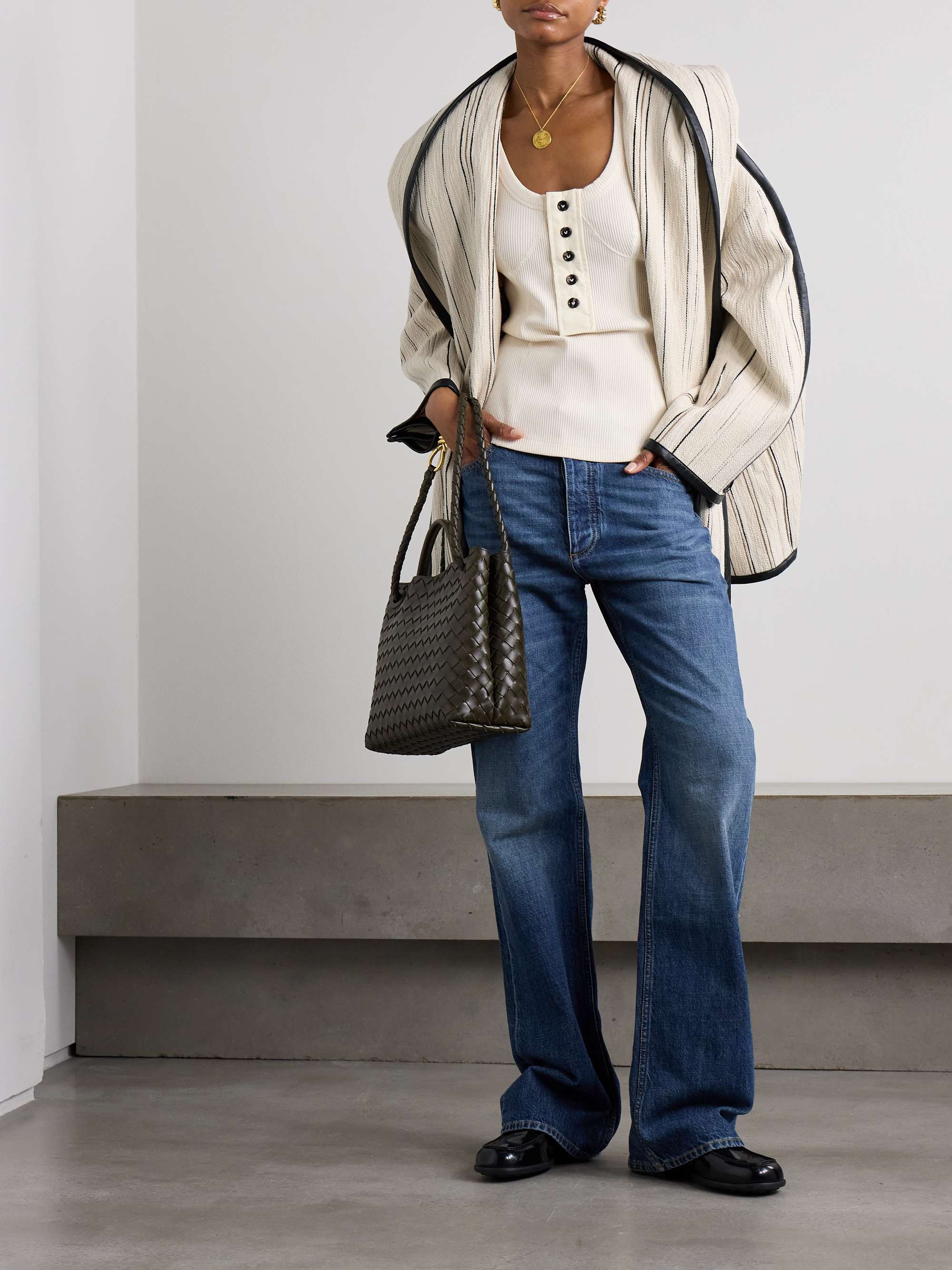 Oversized leather-trimmed striped cotton-blend bouclé coat view
