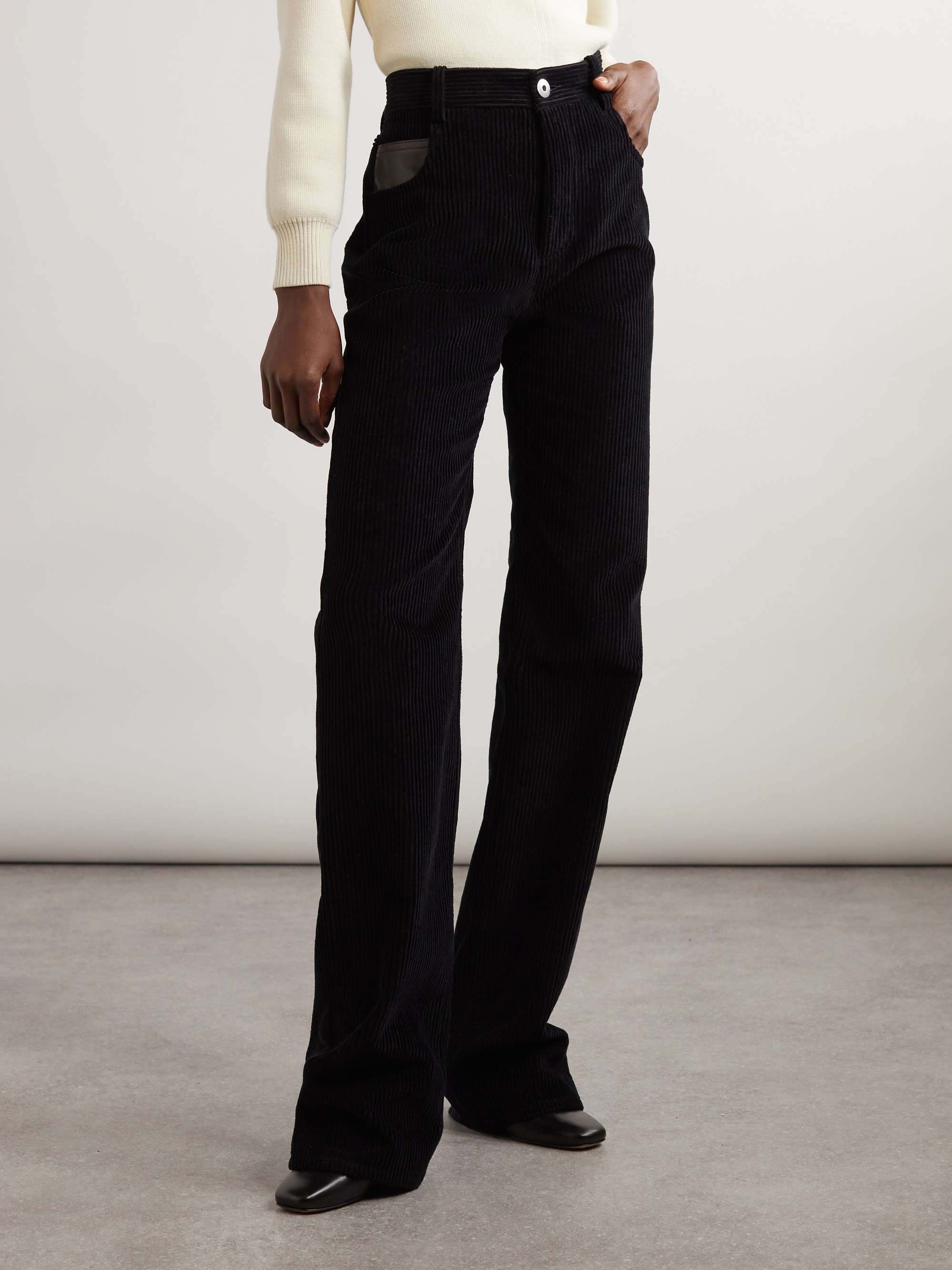 Leather-trimmed cotton-corduroy straight-leg pants view