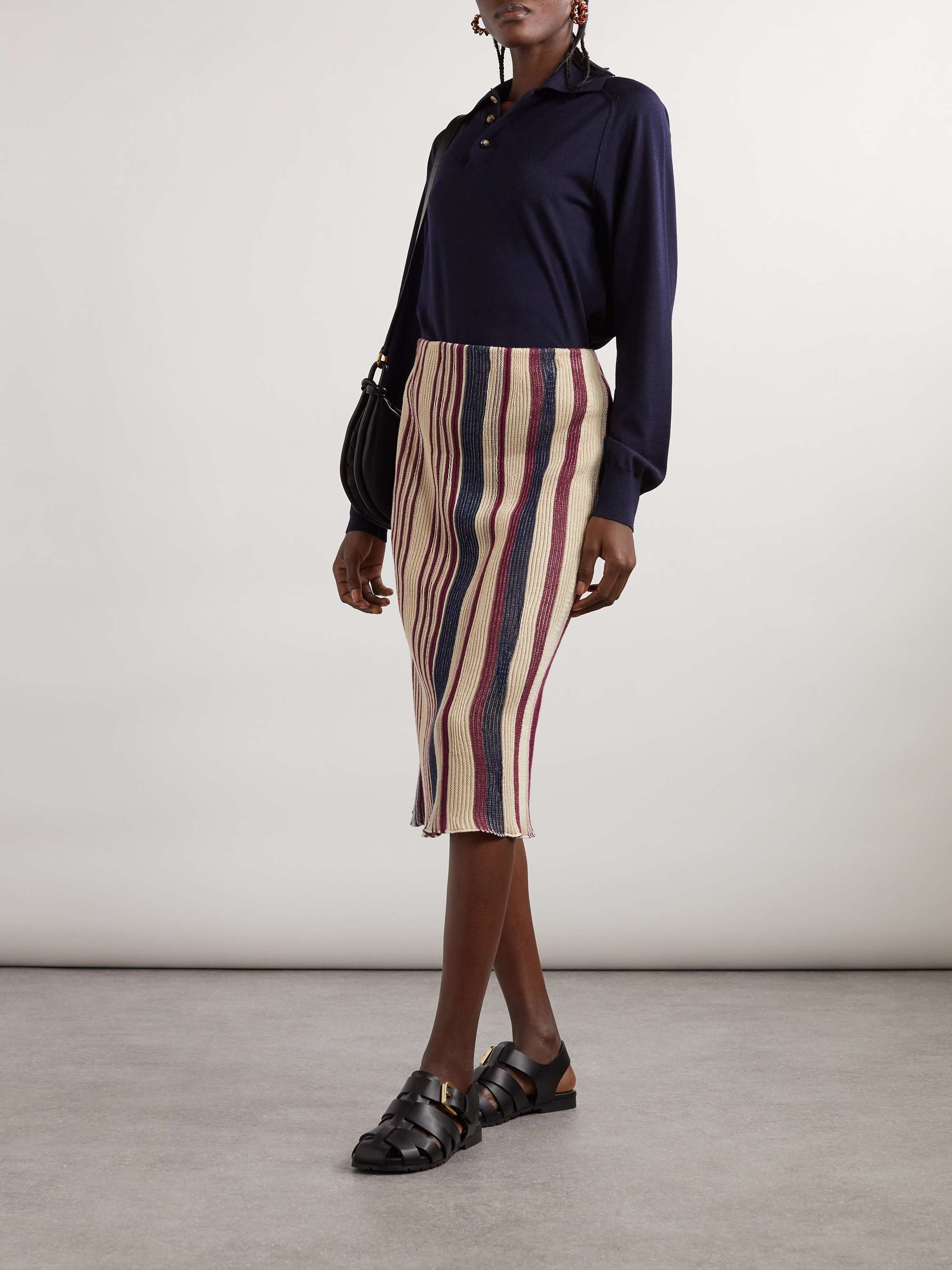 Striped ribbed linen and cotton-blend midi skirt view
