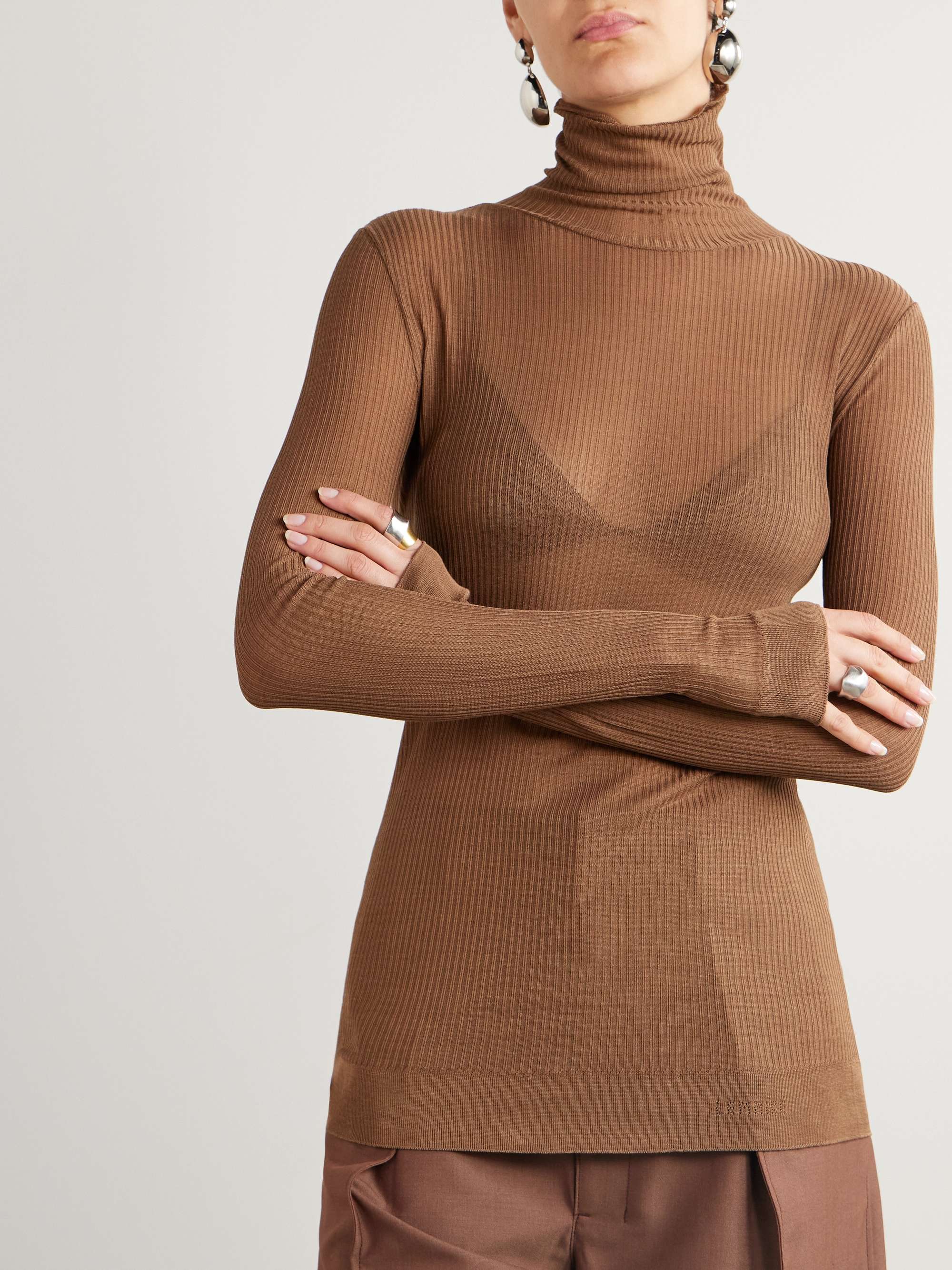 Seamless ribbed-knit turtleneck top view