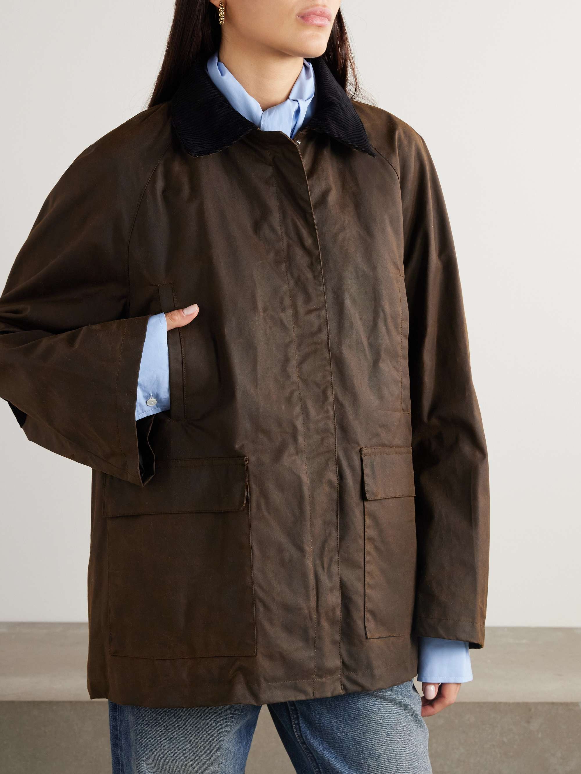 Oversized corduroy-trimmed waxed organic cotton jacket view