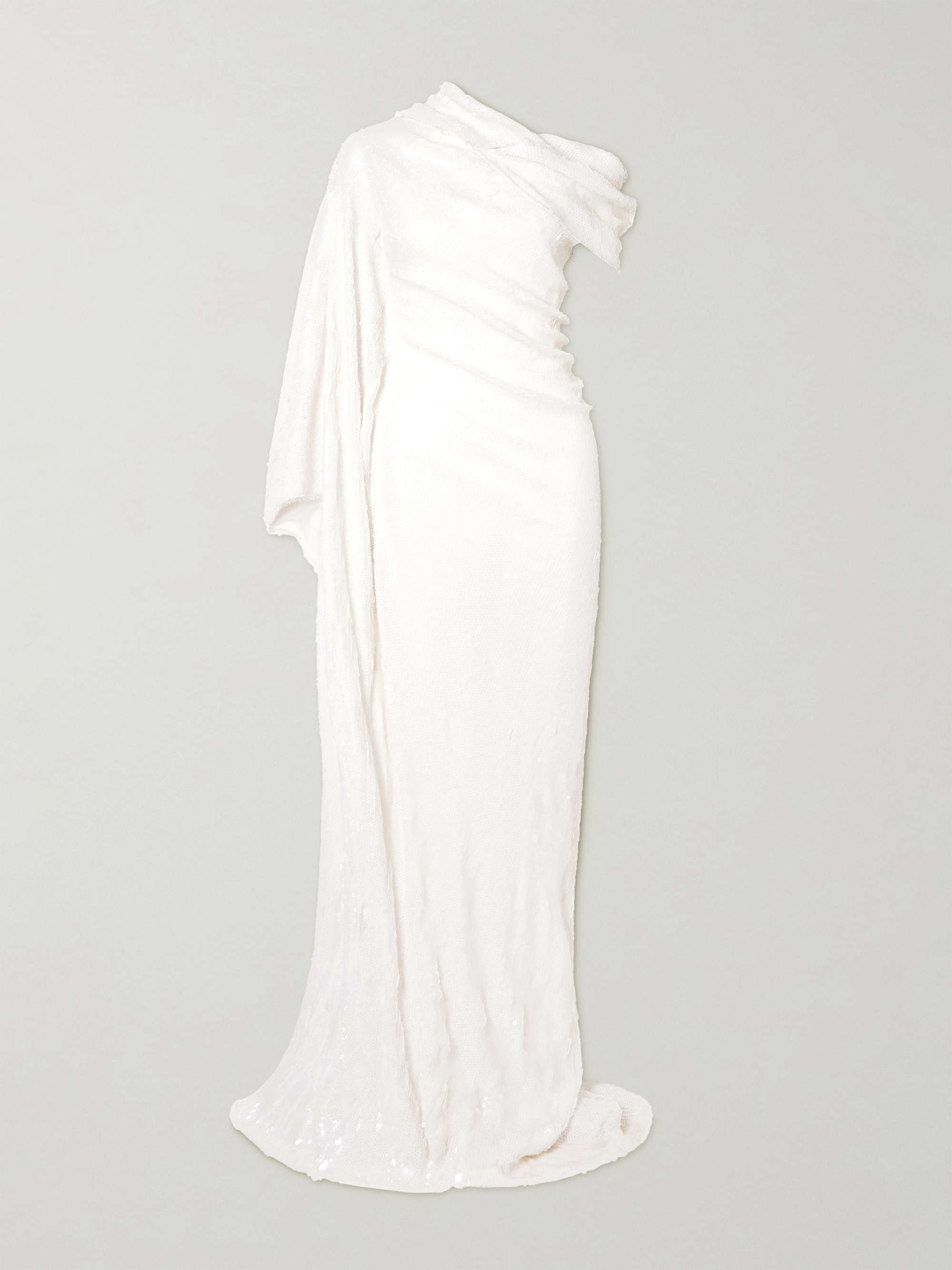 Asymmetric cape-effect draped sequined silk-blend gown view