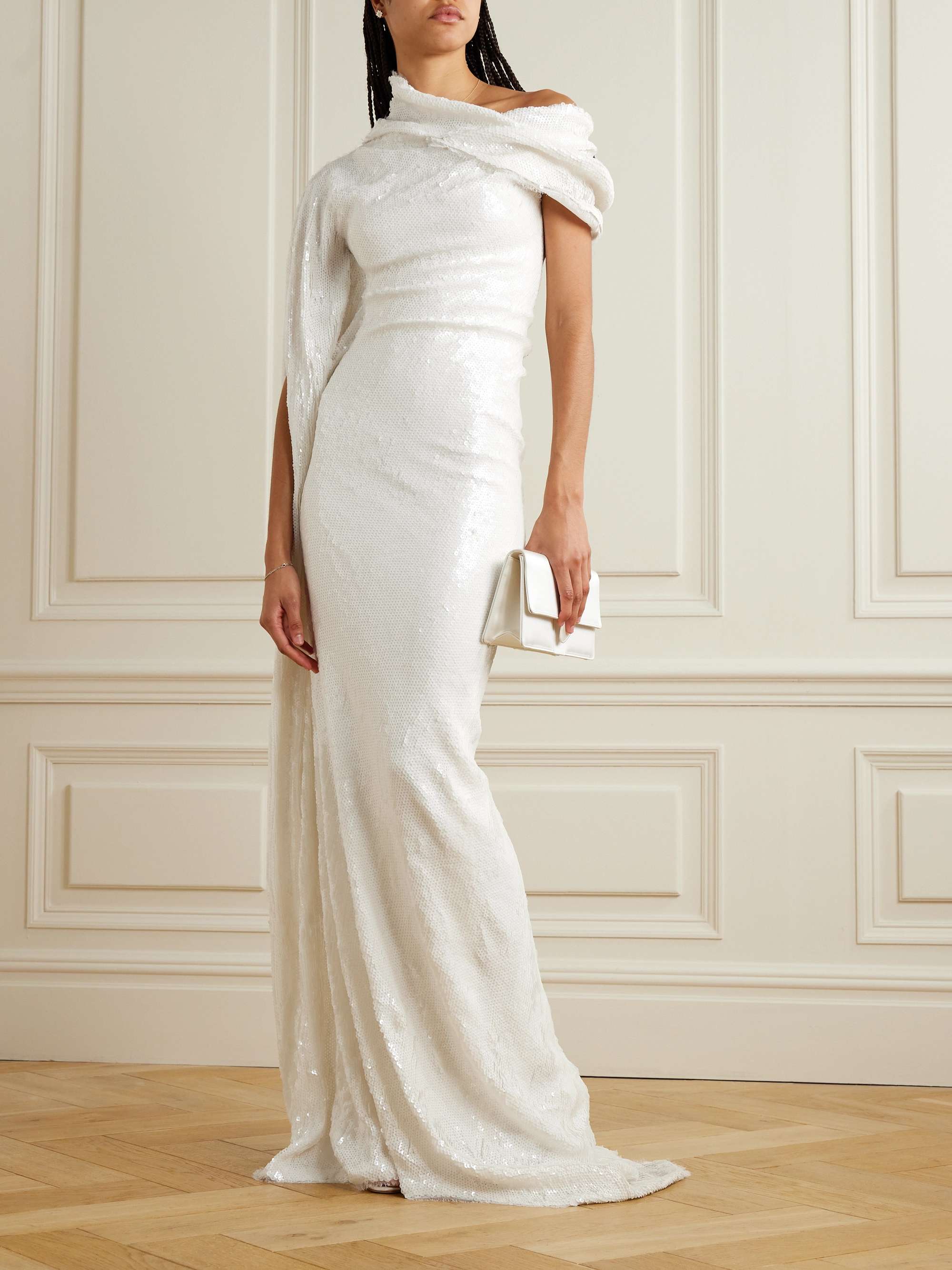 Asymmetric cape-effect draped sequined silk-blend gown view