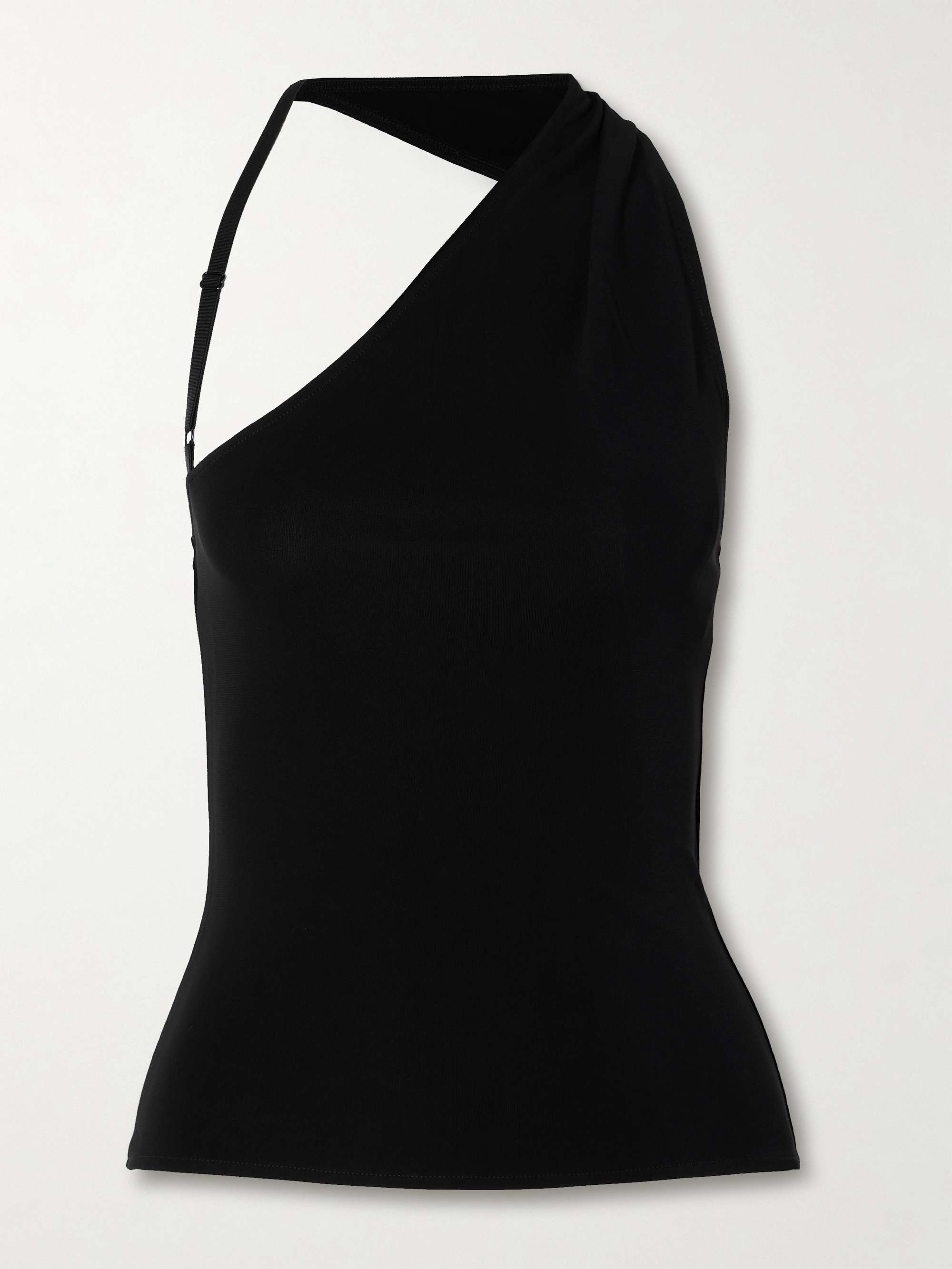 Asymmetric cutout stretch-crepe tank view