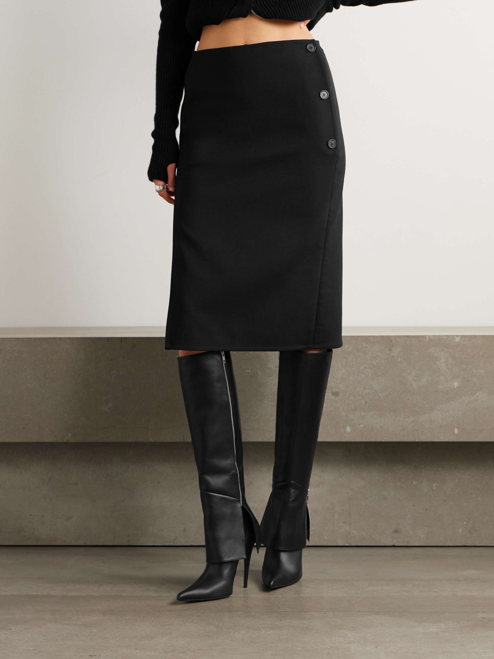 Wrap-effect wool-blend crepe midi skirt view
