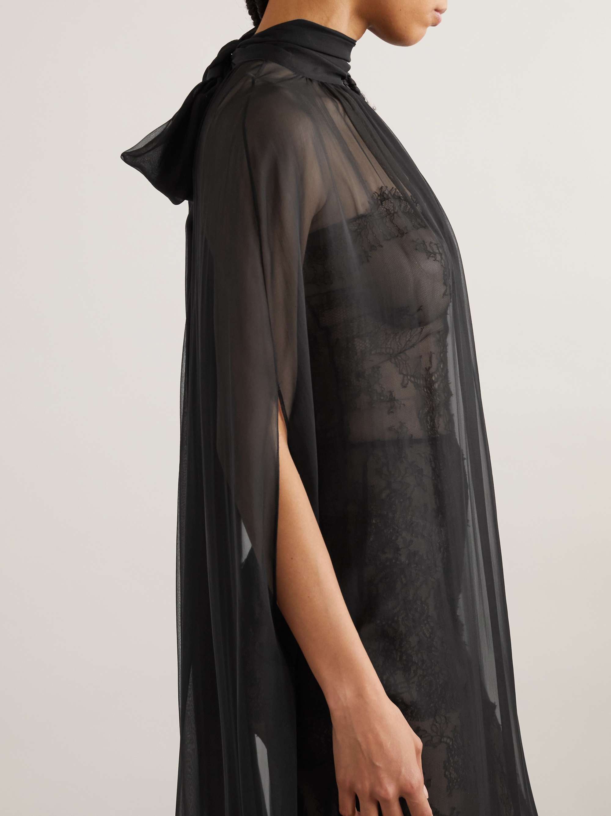 Cape-effect Leavers lace and silk-chiffon midi dress view