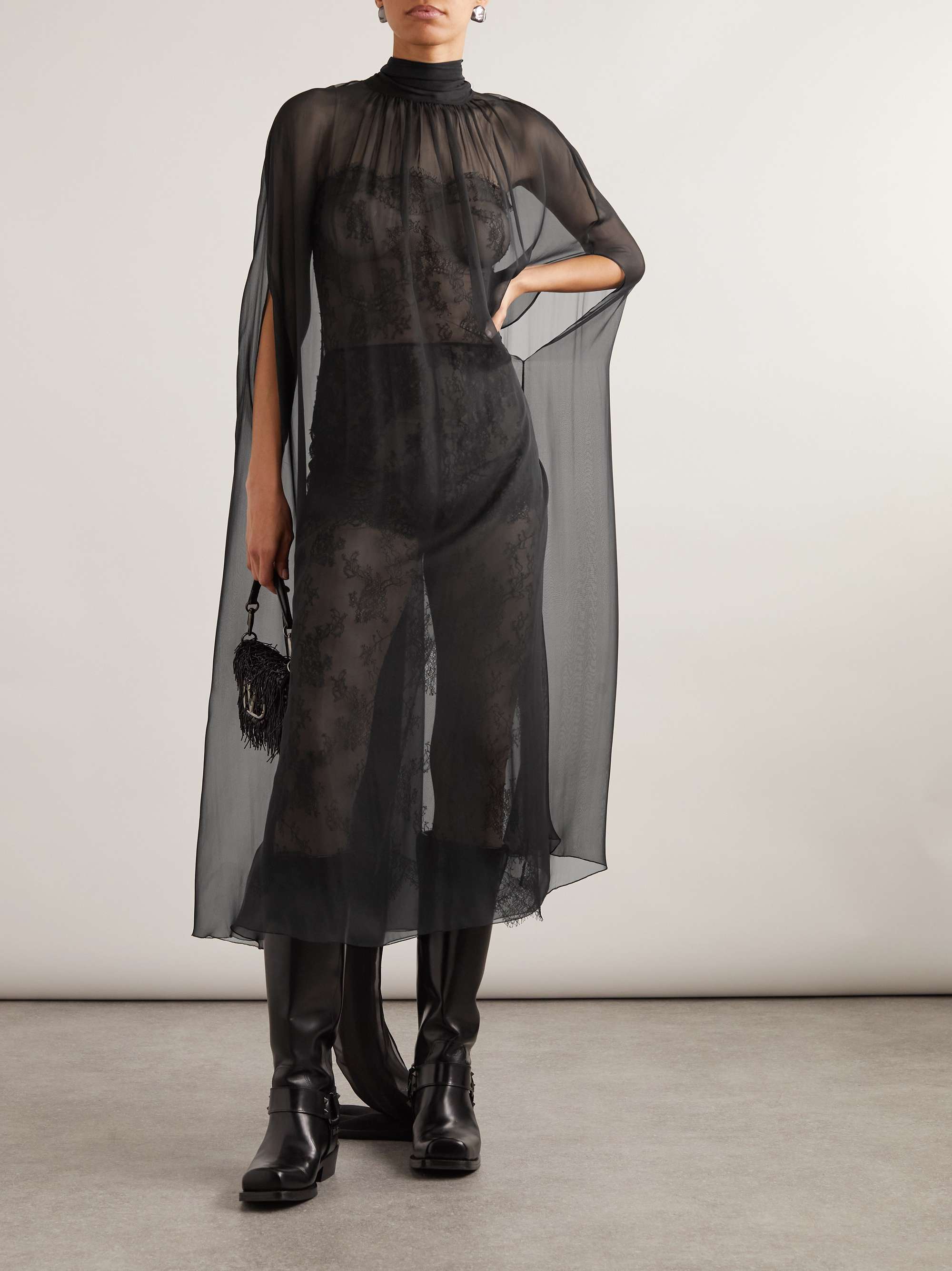 Cape-effect Leavers lace and silk-chiffon midi dress view