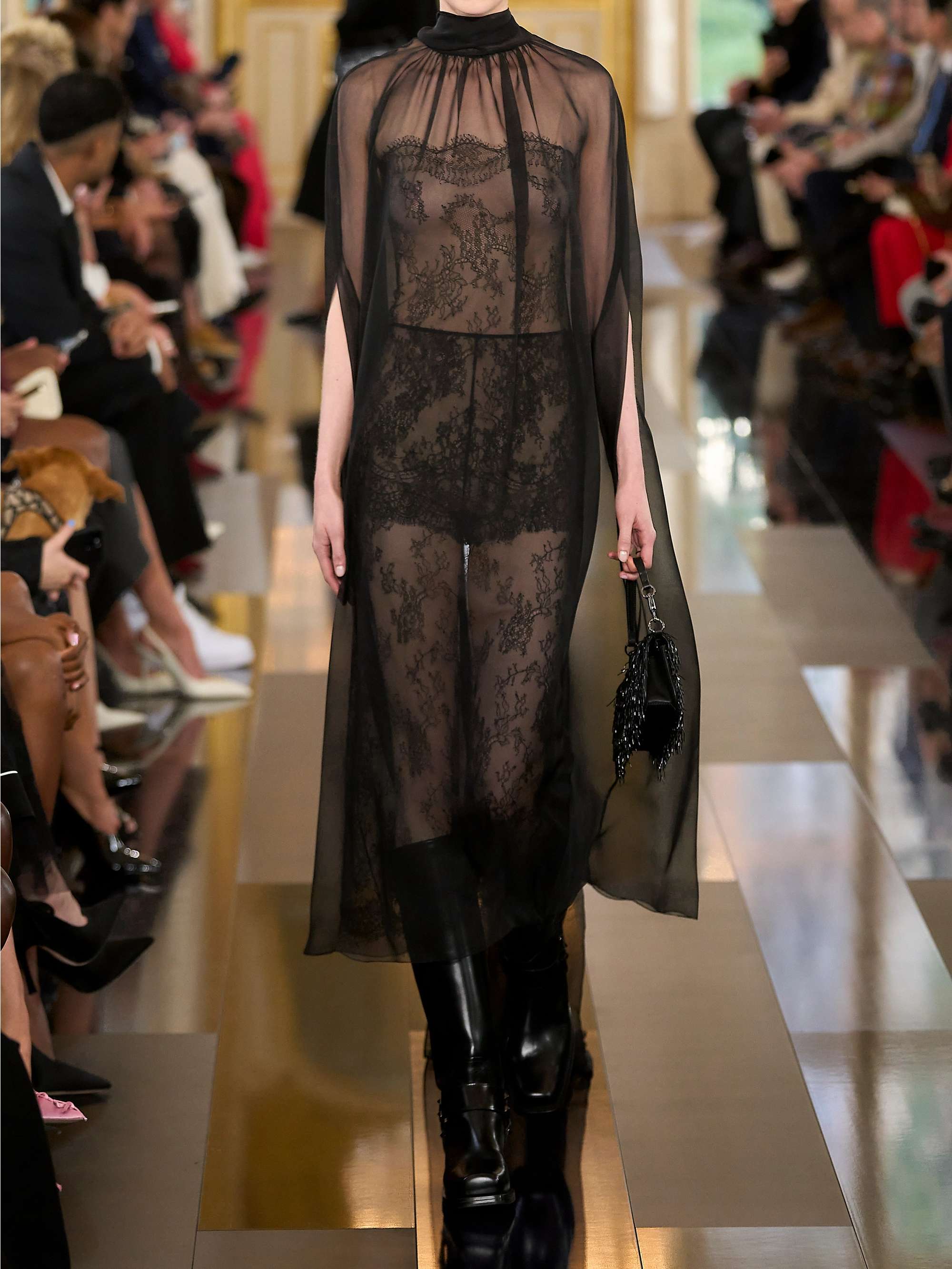 Cape-effect Leavers lace and silk-chiffon midi dress view