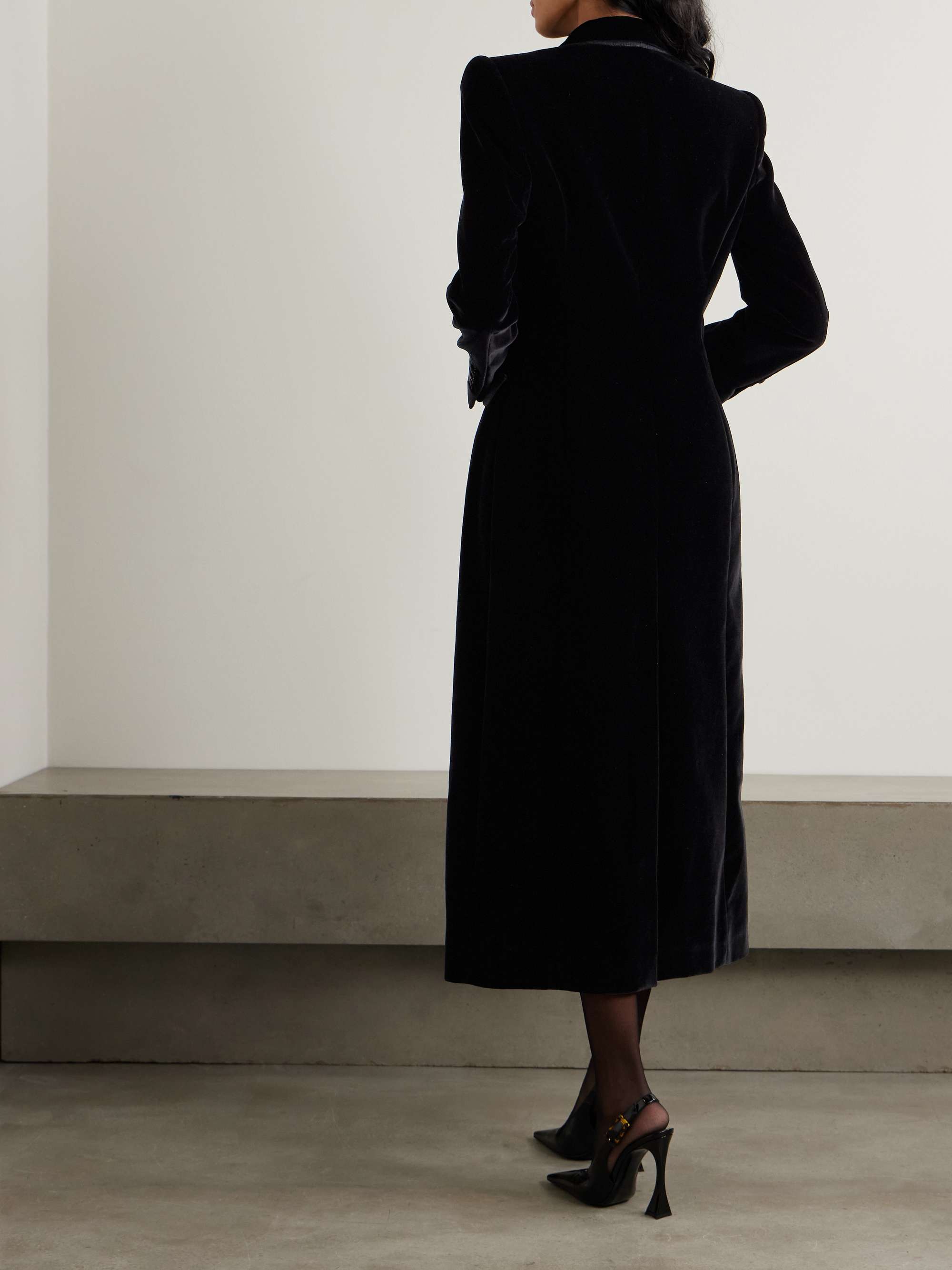 Double-breasted satin-trimmed velvet coat view